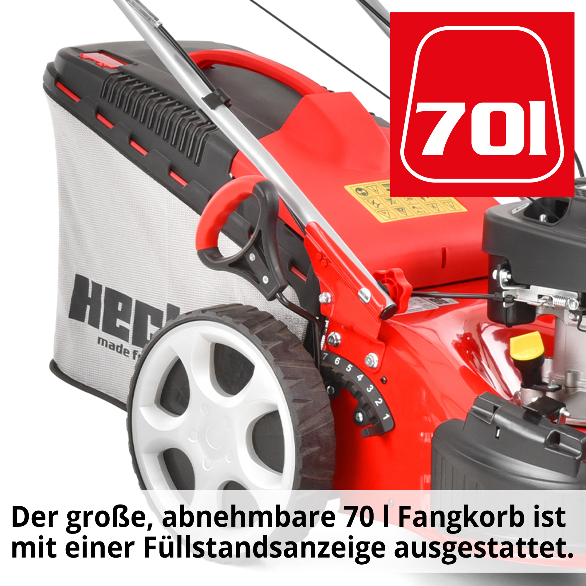 Rasenmäher Benzin Fangkorb 70 Liter groß abnehmbar Füllstandsanzeige Gewebe (Dieses Bild wurde mit Hilfe von KI generiert.)