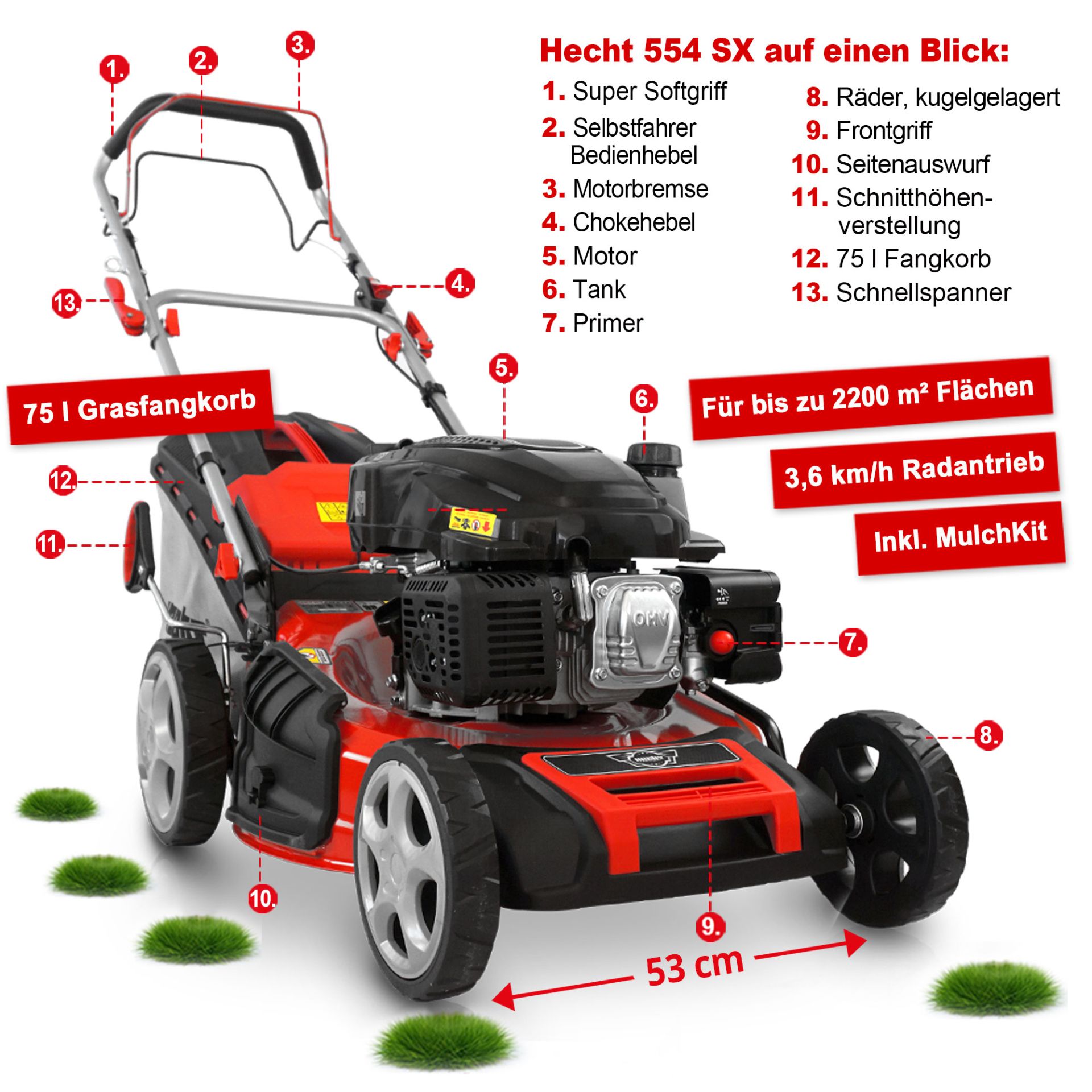 Benzinrasenmäher mit 53 cm Schnittbreite Radantrieb Mulchfunktion Seitenauswurf  75 l Fangkorb für bis zu 2200 qm
