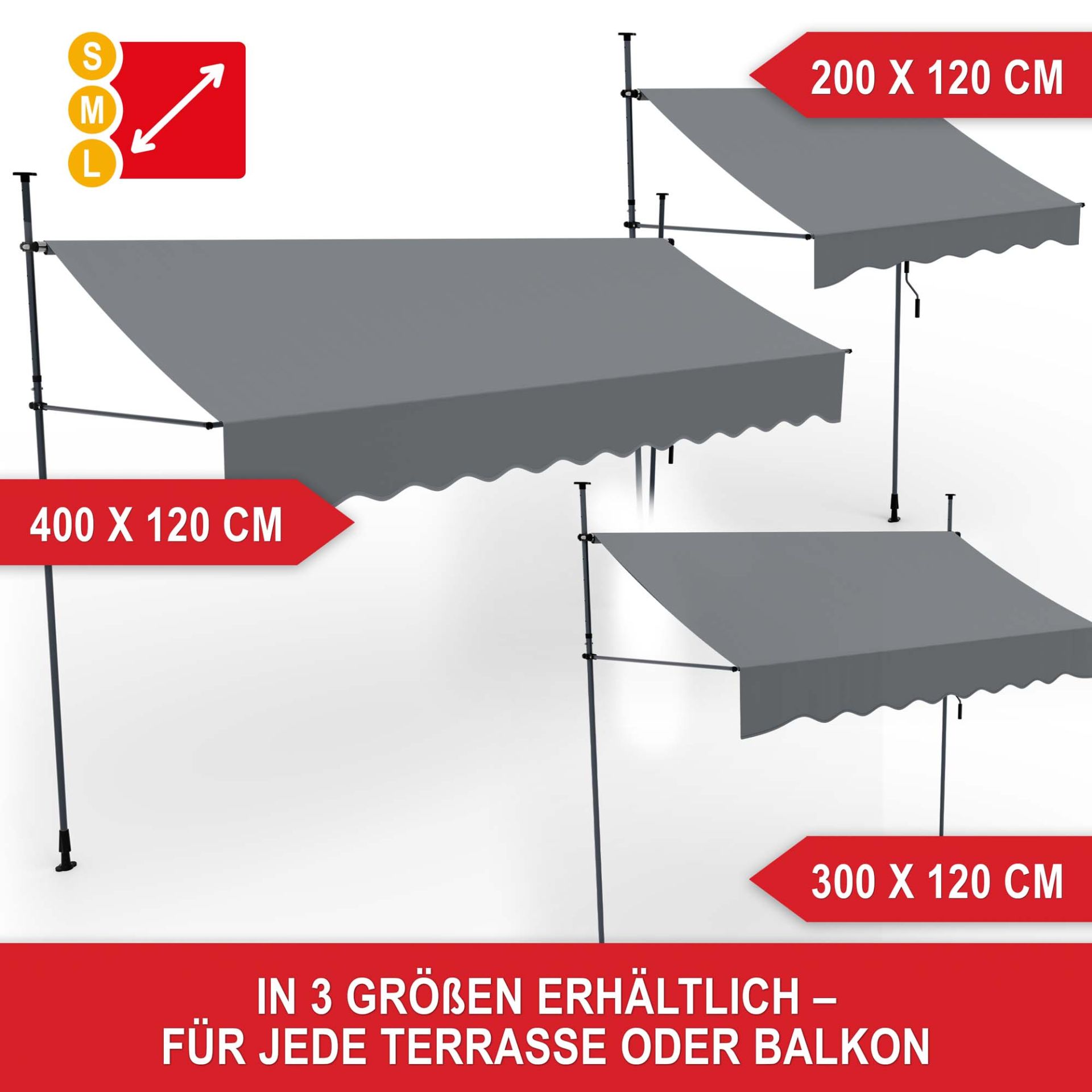 Balkonmarkise XL Hellgrau - In 3 Größen erhältlich, für jede Terrasse oder Balkon