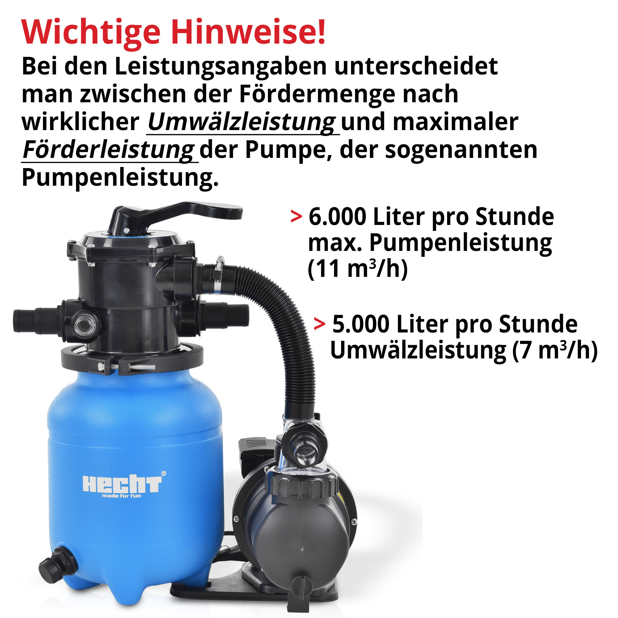Hecht 302111 Sandfilteranlage mit 7500 l/h Pumpenleistung und 6000 l/h Umwälzleistung – effiziente Wasserfilterung für Pools. Unterschied zwischen Umwälzleistung und maximaler Förderleistung beachten.