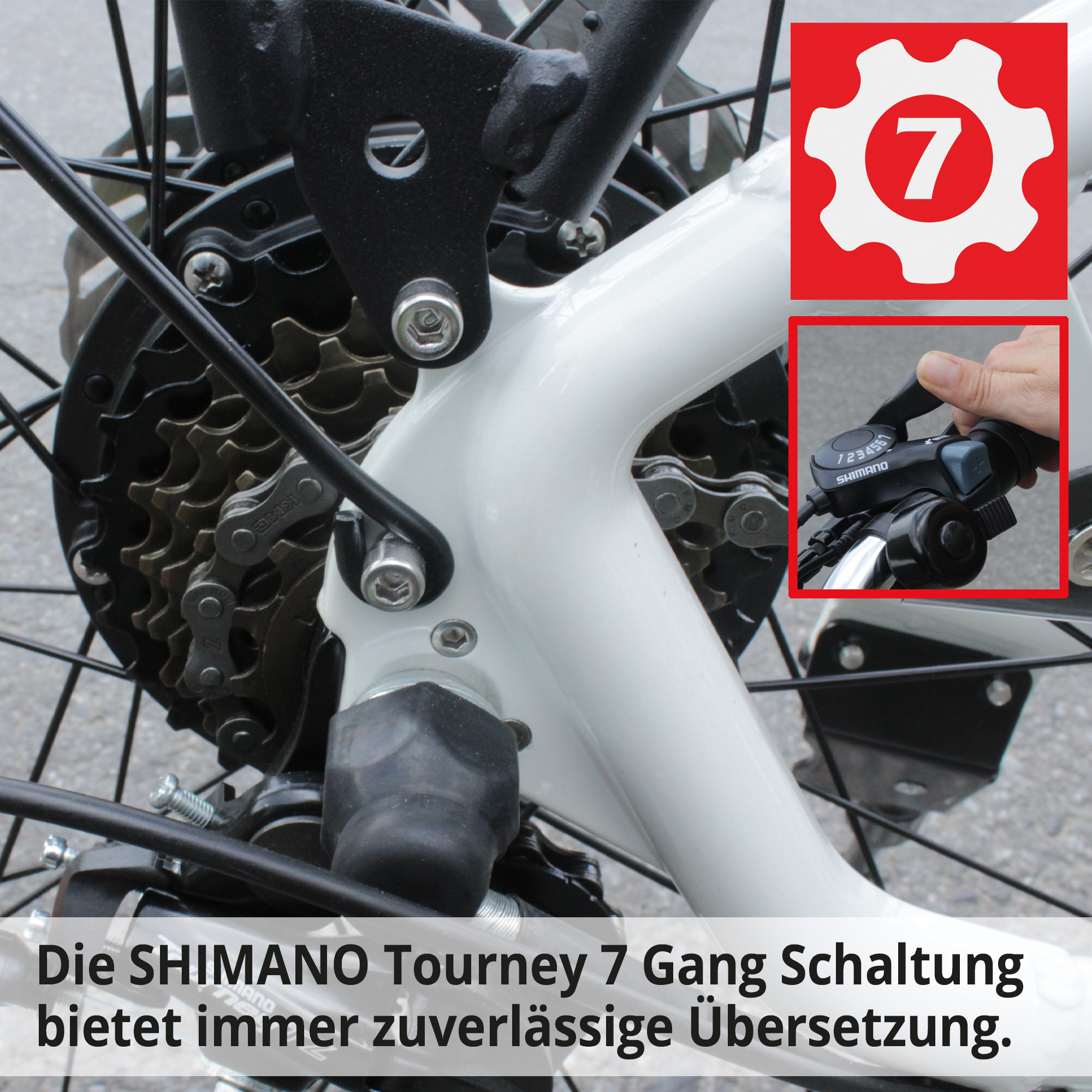 E-Bike SHIMANO Tourney 7-Gang-Schaltung mit präziser Drehgriffsteuerung