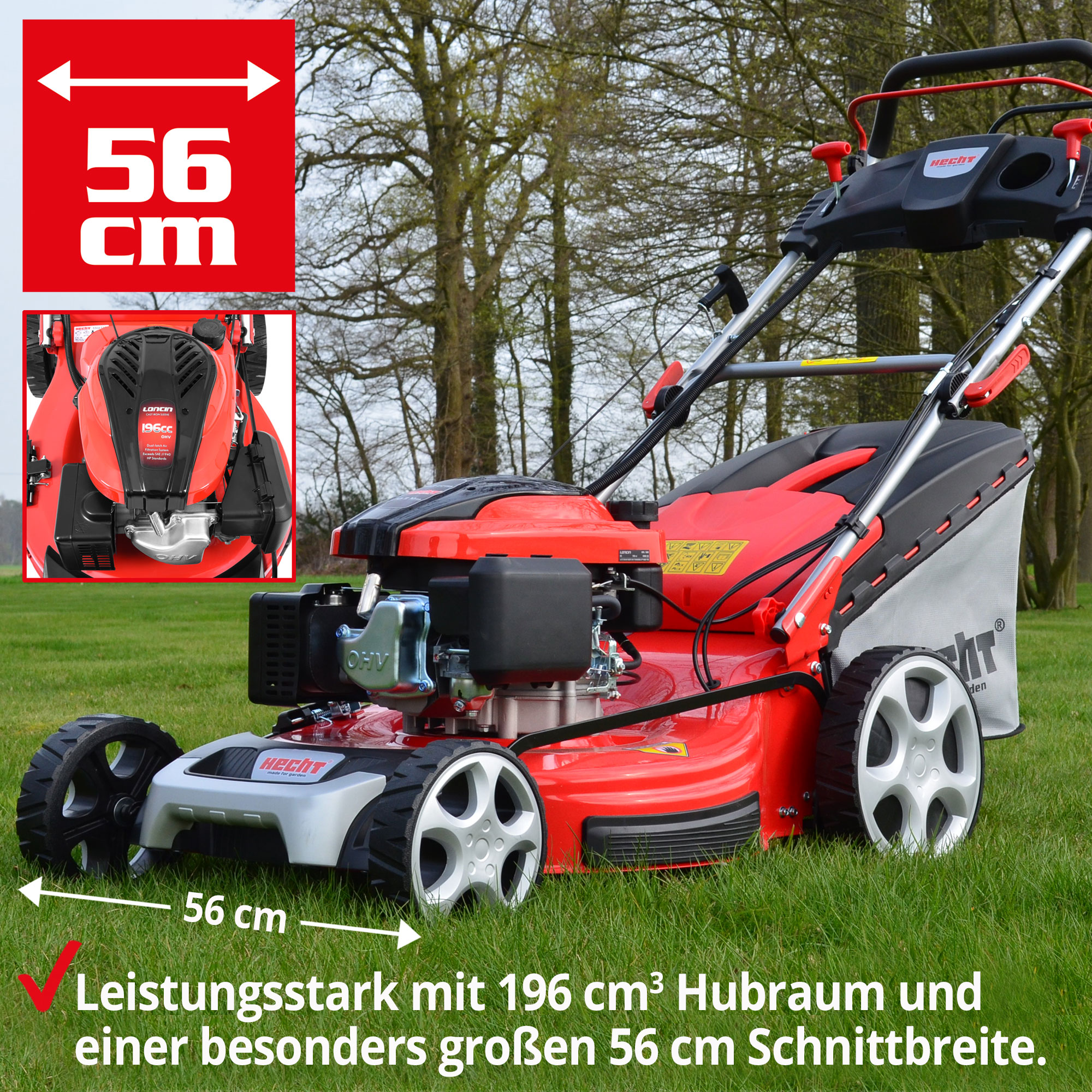 Benzin-Rasenmäher mit 56 cm Schnittbreite von HECHT