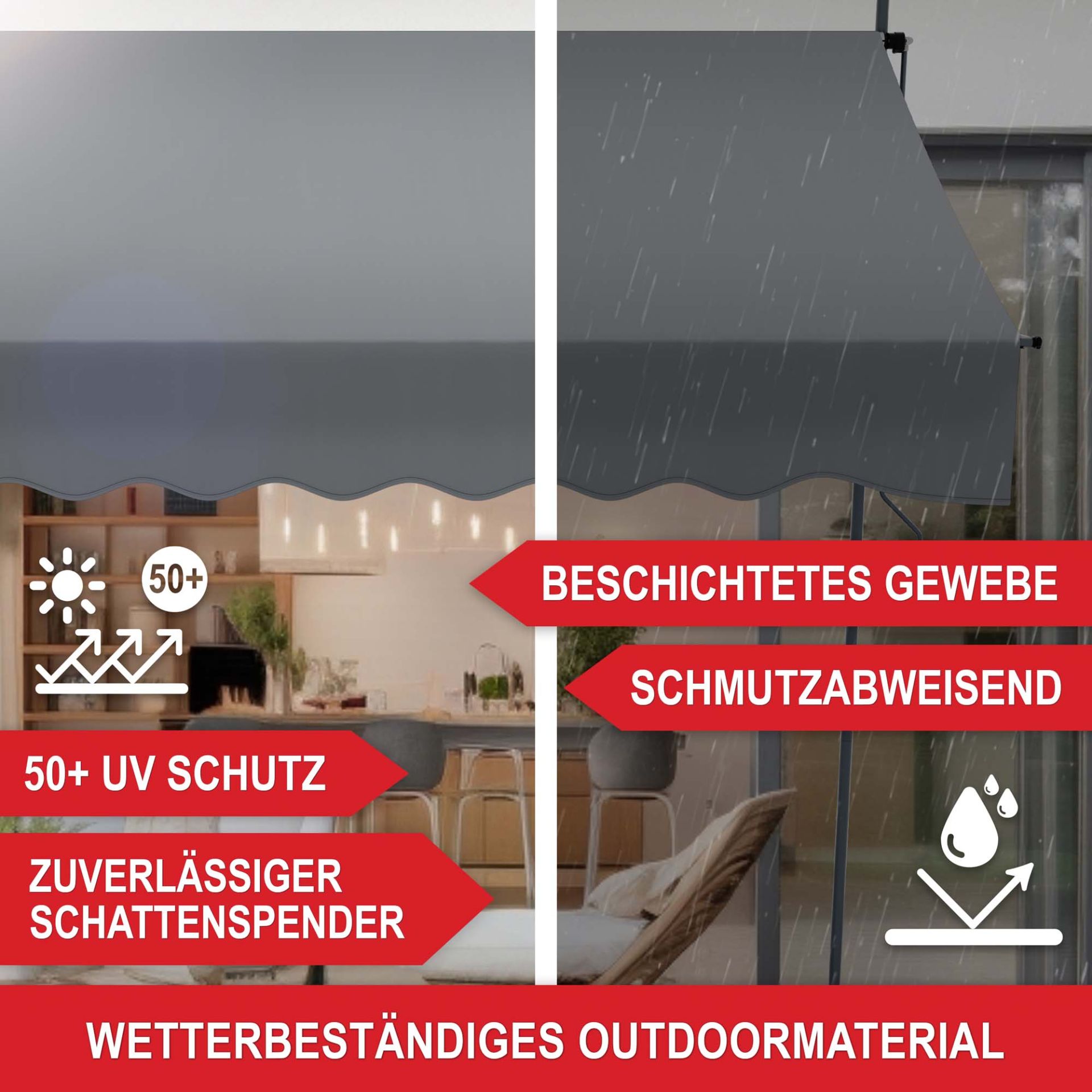Balkonmarkise M Hellgrau - 50+ UV Schutz, zuverlässiger Schattenspender, beschichtetes Gewebe, schutzabweisend, wetterbeständiges Outdoormaterial