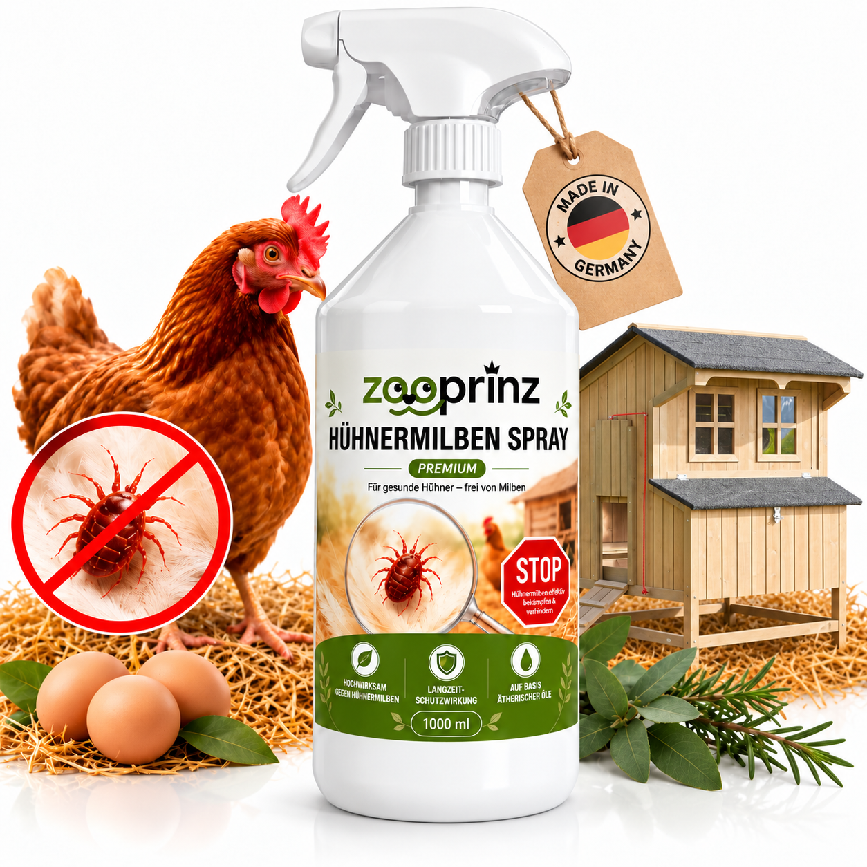Milbenspray Premium von zooprinz: Praktische 1000 ml Flasche mit Sprühkopf gegen Milben für Hühner (Dieses Bild wurde mit Hilfe von KI generiert.)