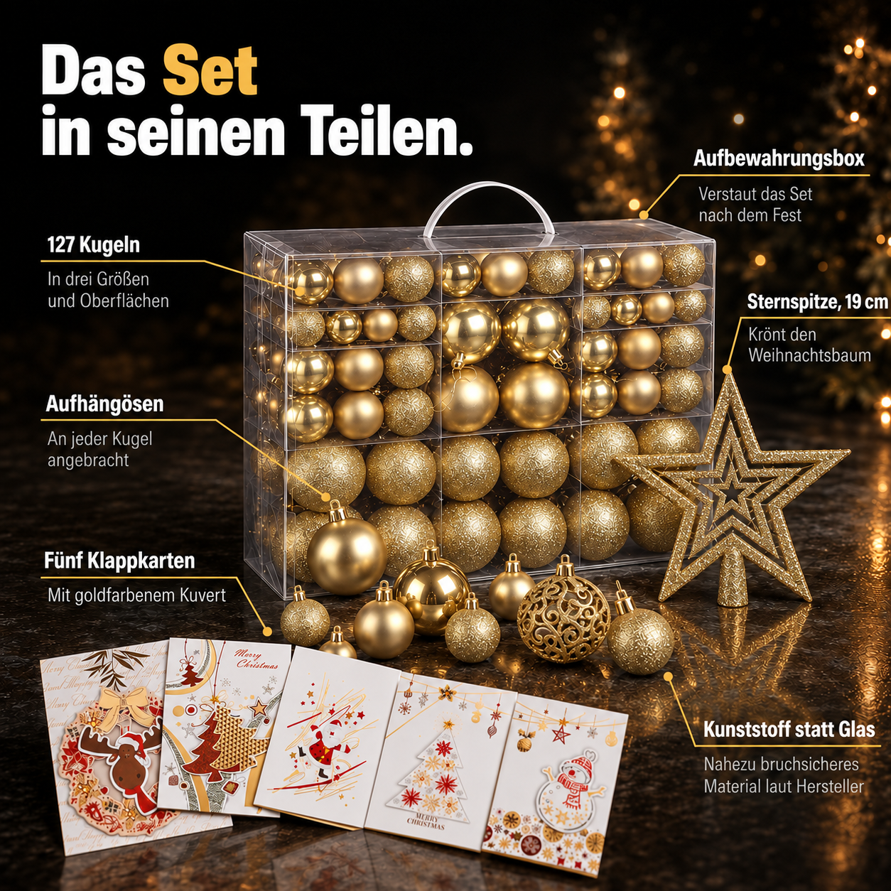ONBEST Baumschmuck Set: Alle 128 Teile mit Stern und Karten im Detail (Dieses Bild wurde mit Hilfe von KI generiert.)