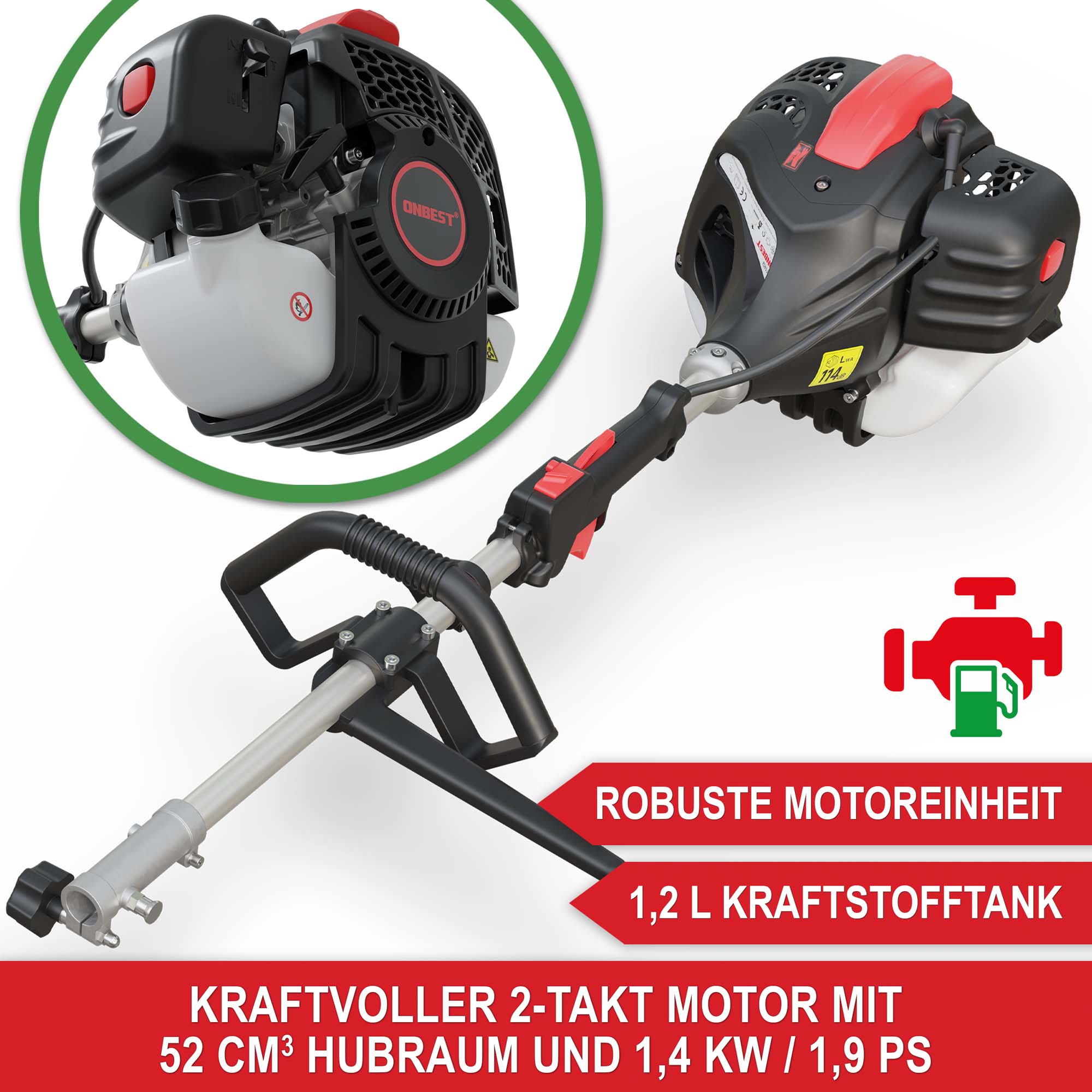 Multitool Benzin 4in1 1452 mit robuster Motoreinheit, großem Kraftstofftank und kraftvollem 2-Takt Motor