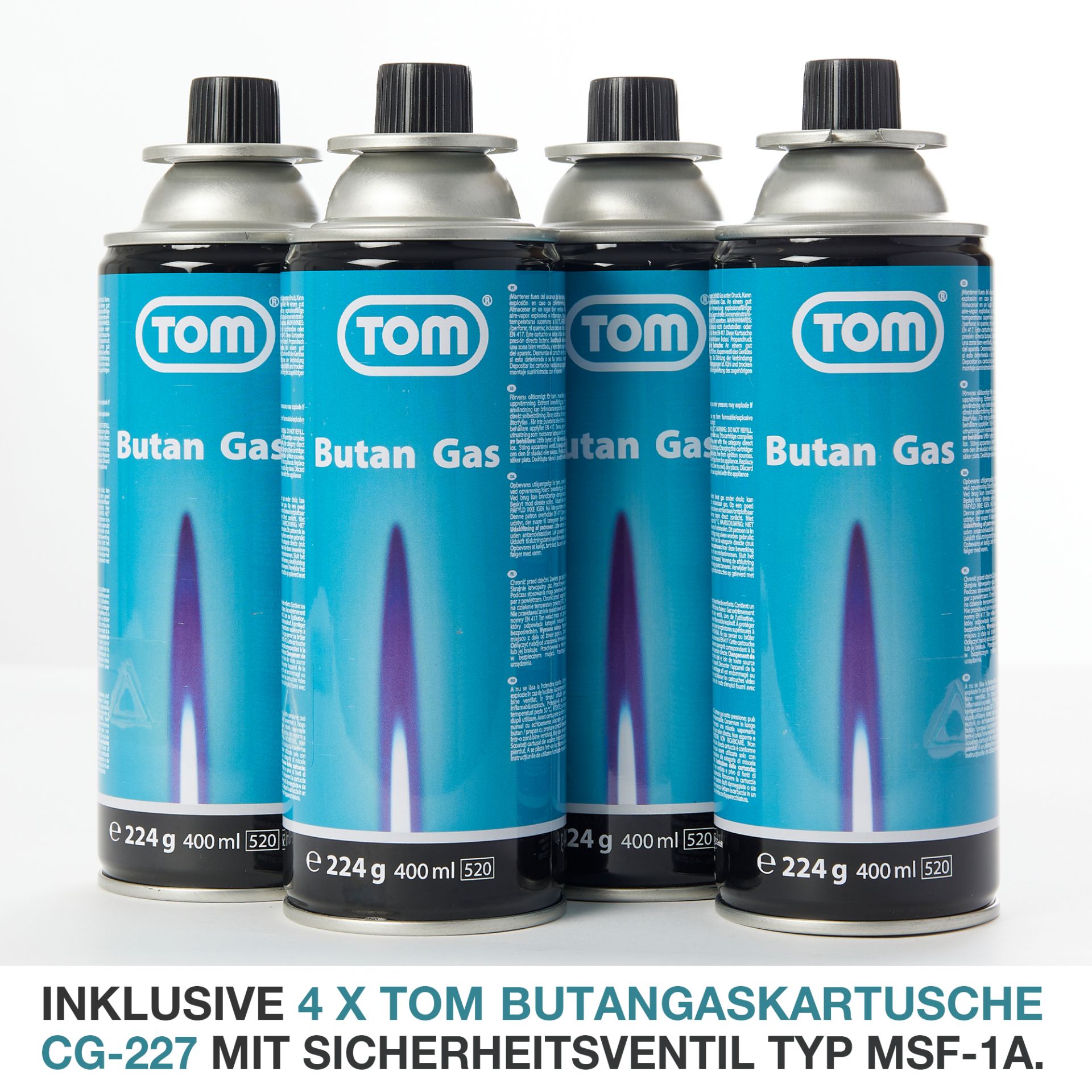 TOM Lötbrenner GB-227 inklusive vier TOM CG-227 Butangaskartuschen