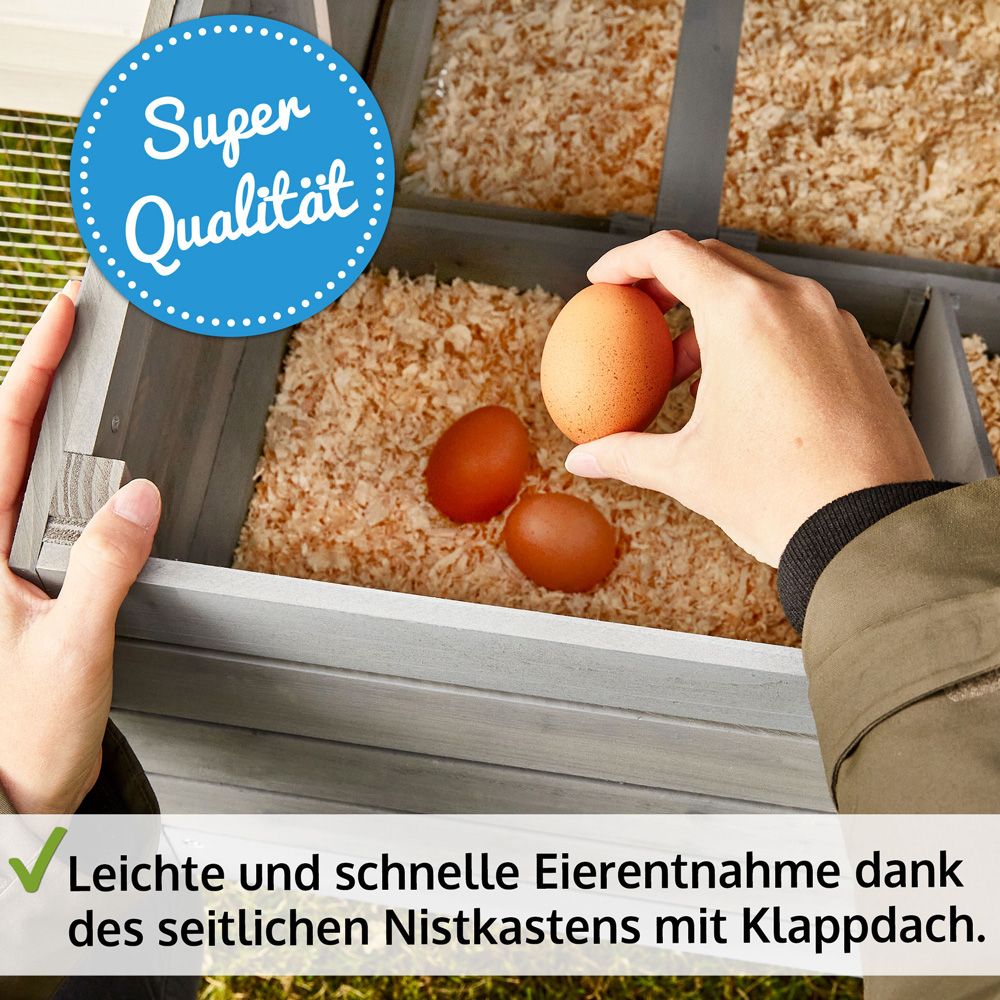 Hühnervoliere Hühnerglück; Nistkasten mit Klappdach, leichte Eierentnahme