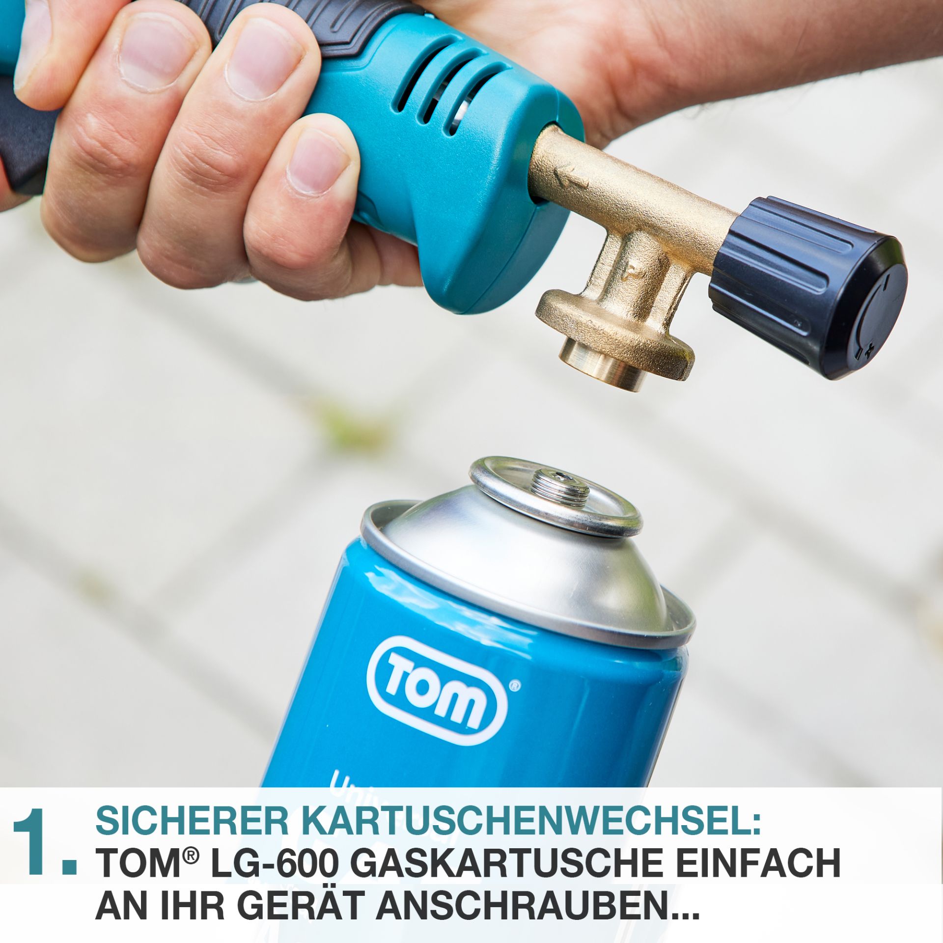 Sicherer Kartuschenwechsel: TOM LG-600 Gaskartusche einfach anschrauben