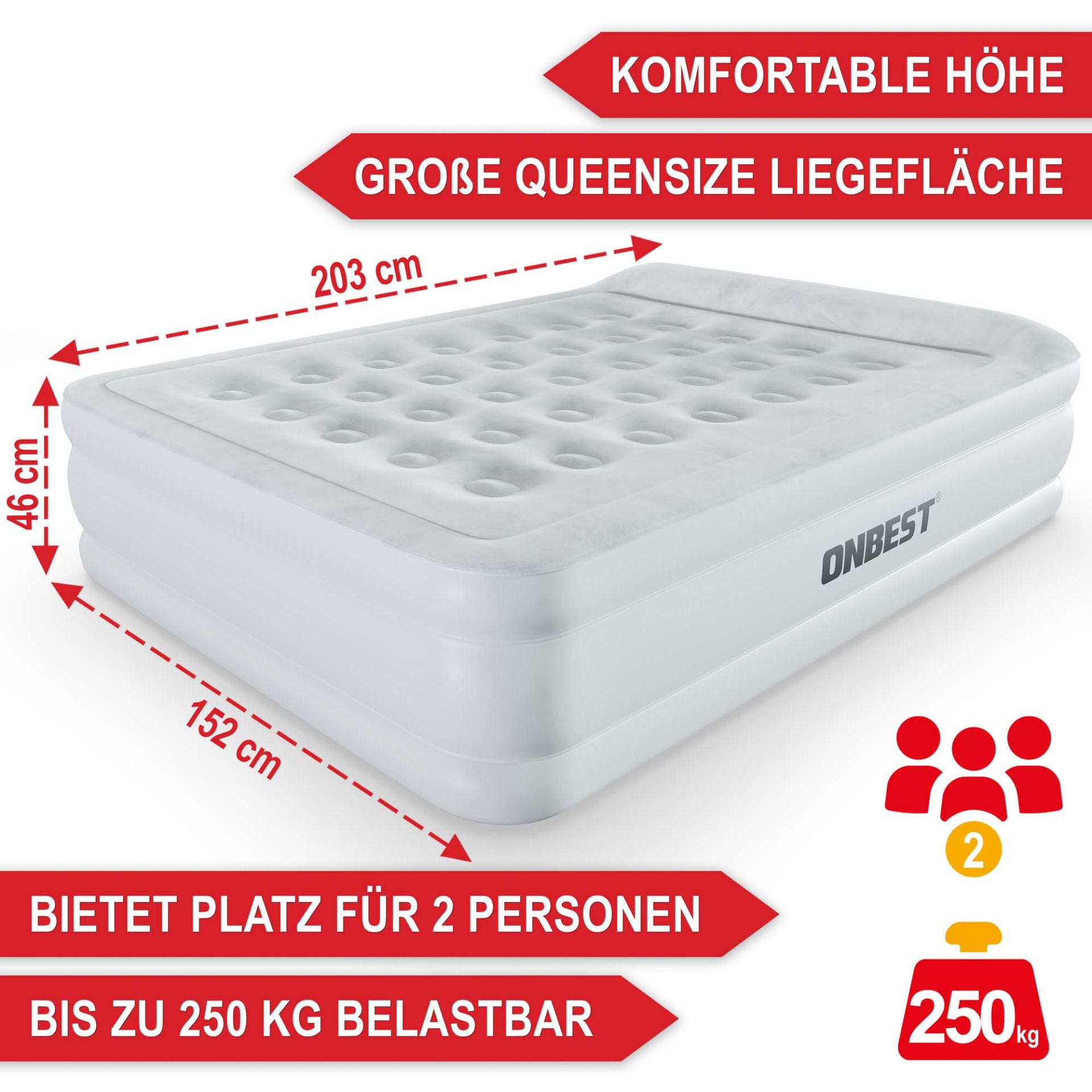 Luftbett Kingsize Weiß - Komfortable Höhe; Große Queensize Liegefläche; bietet Platz für 2 Personen; schwer belastbar