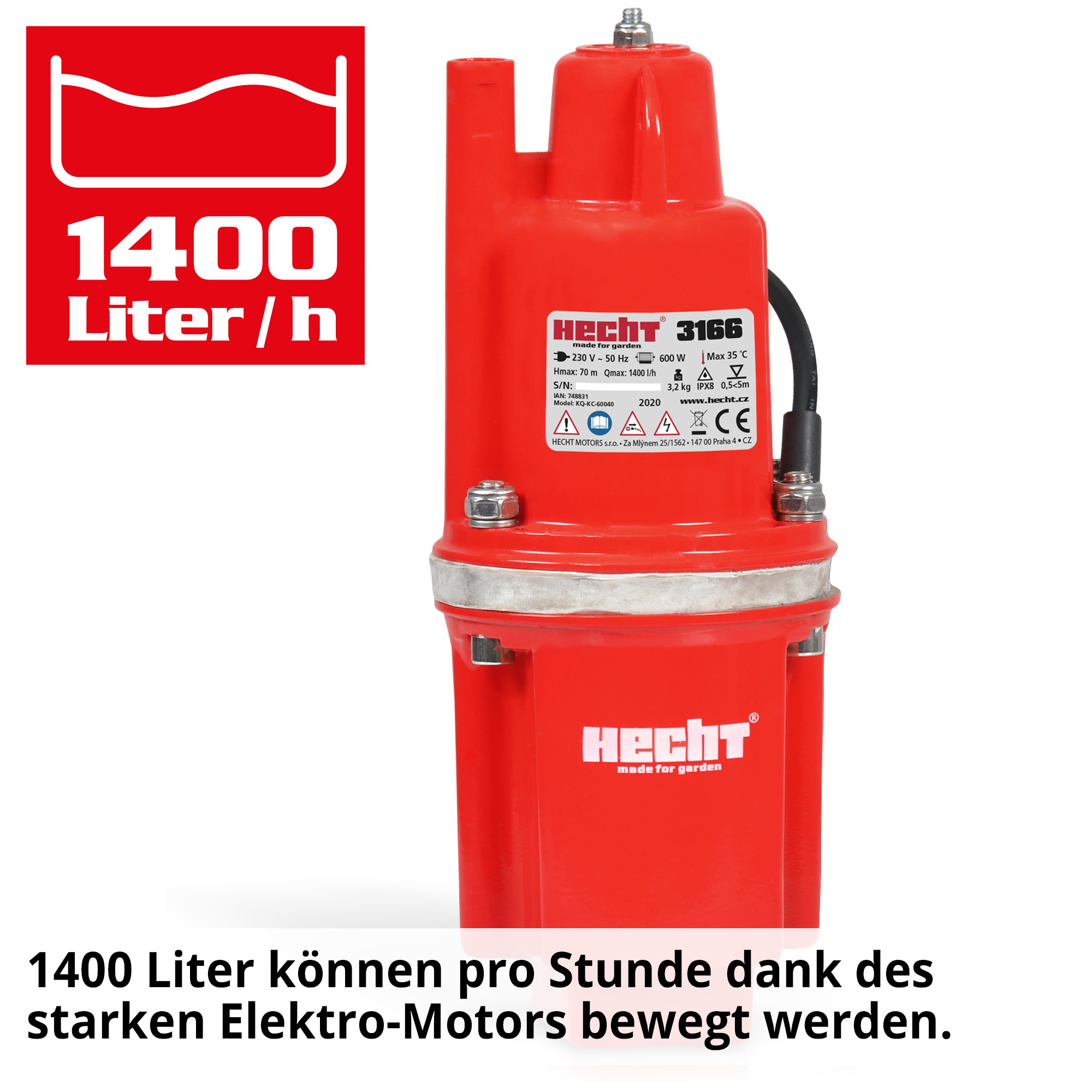 Hecht 3166 Membranpumpe; Große Mengen Wasser können pro Stunde dank des starken Elektro-Motors bewegt werden