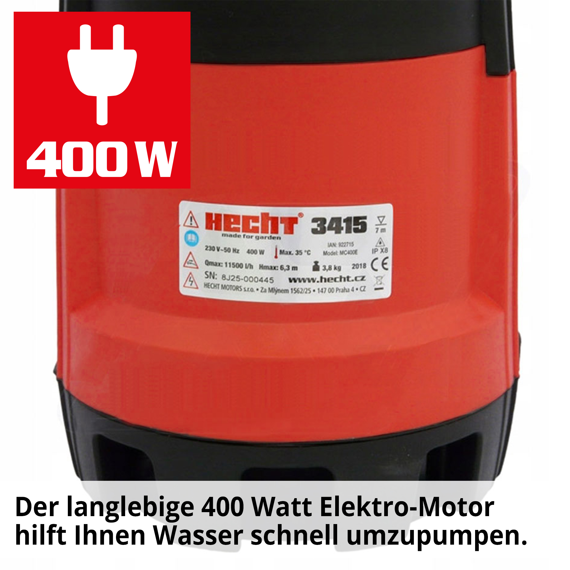 Tauchpumpe; Der langlebige 400 Watt Elektro Motor hilft Ihnen Wasser schnell umzupumpen