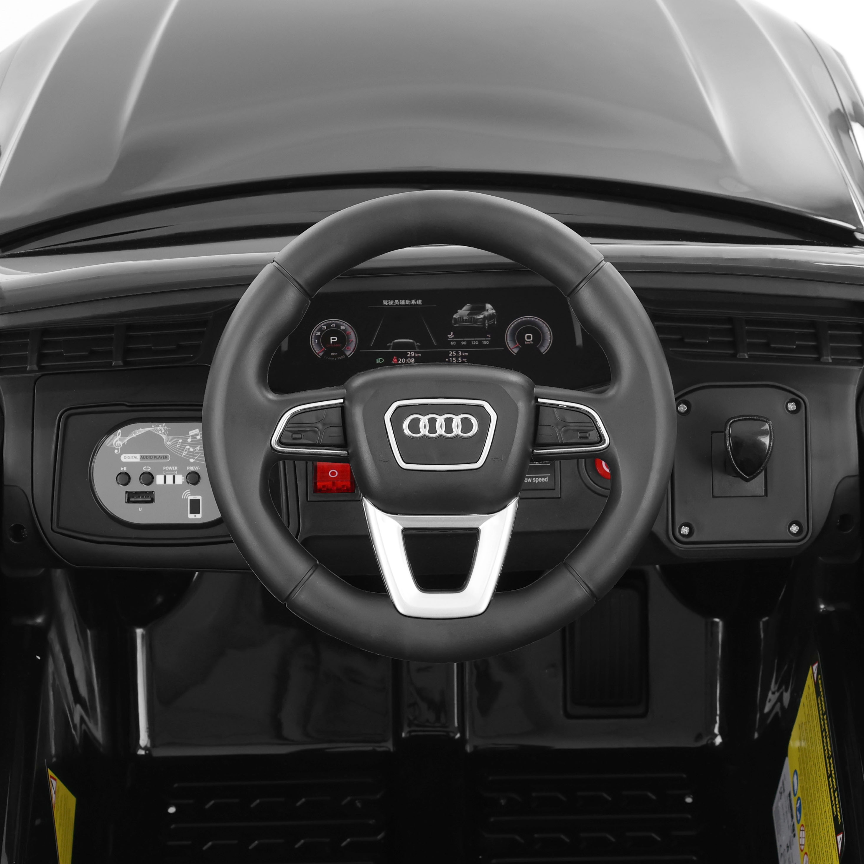 Kinderauto HECHT Q7: Cockpit mit Lenkrad und beleuchtetem Armaturenbrett (Dieses Bild wurde mit Hilfe von KI generiert.)