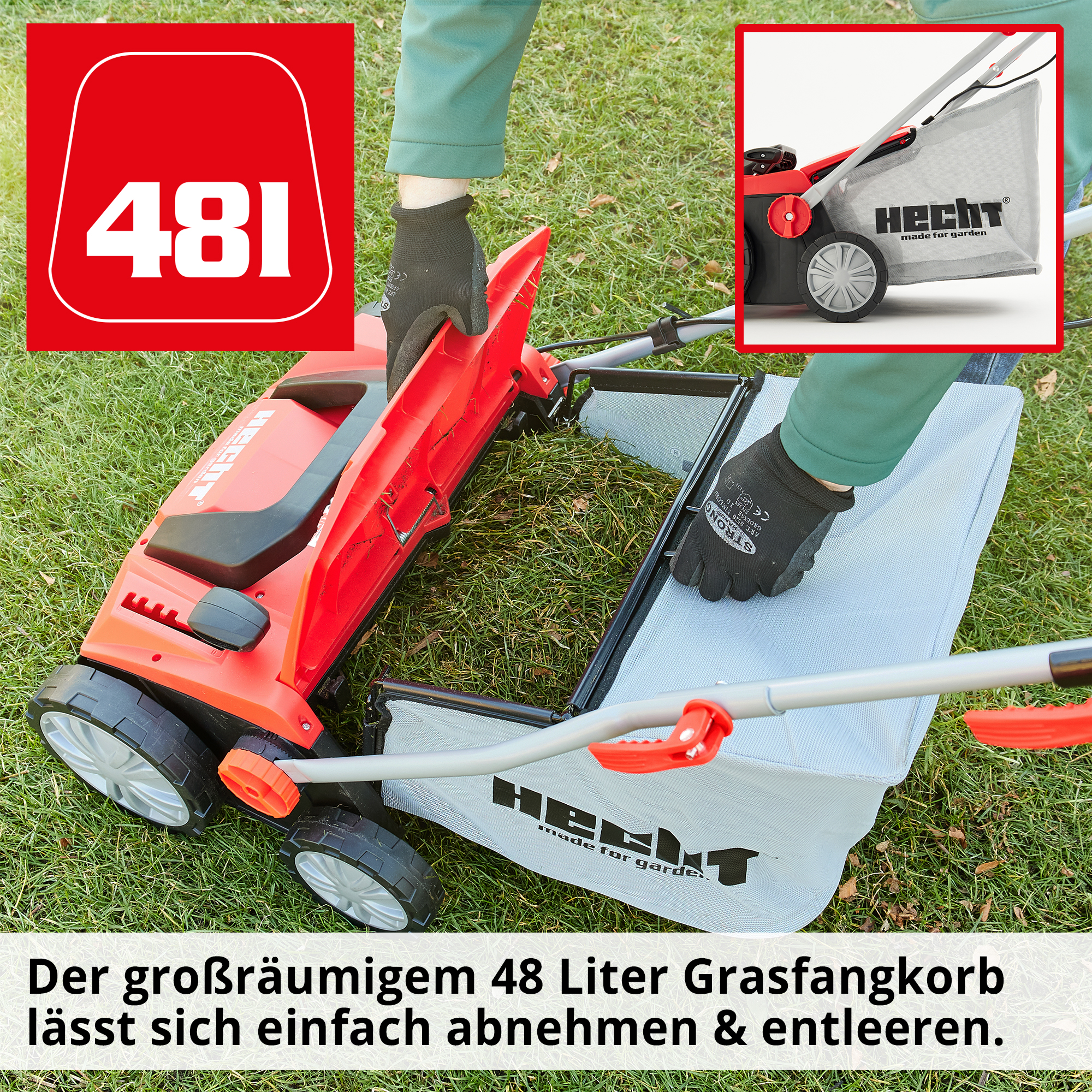 Vertikutierer; Großer 48 Liter Fangkorb lässt sich einfach abnehmen und entleeren