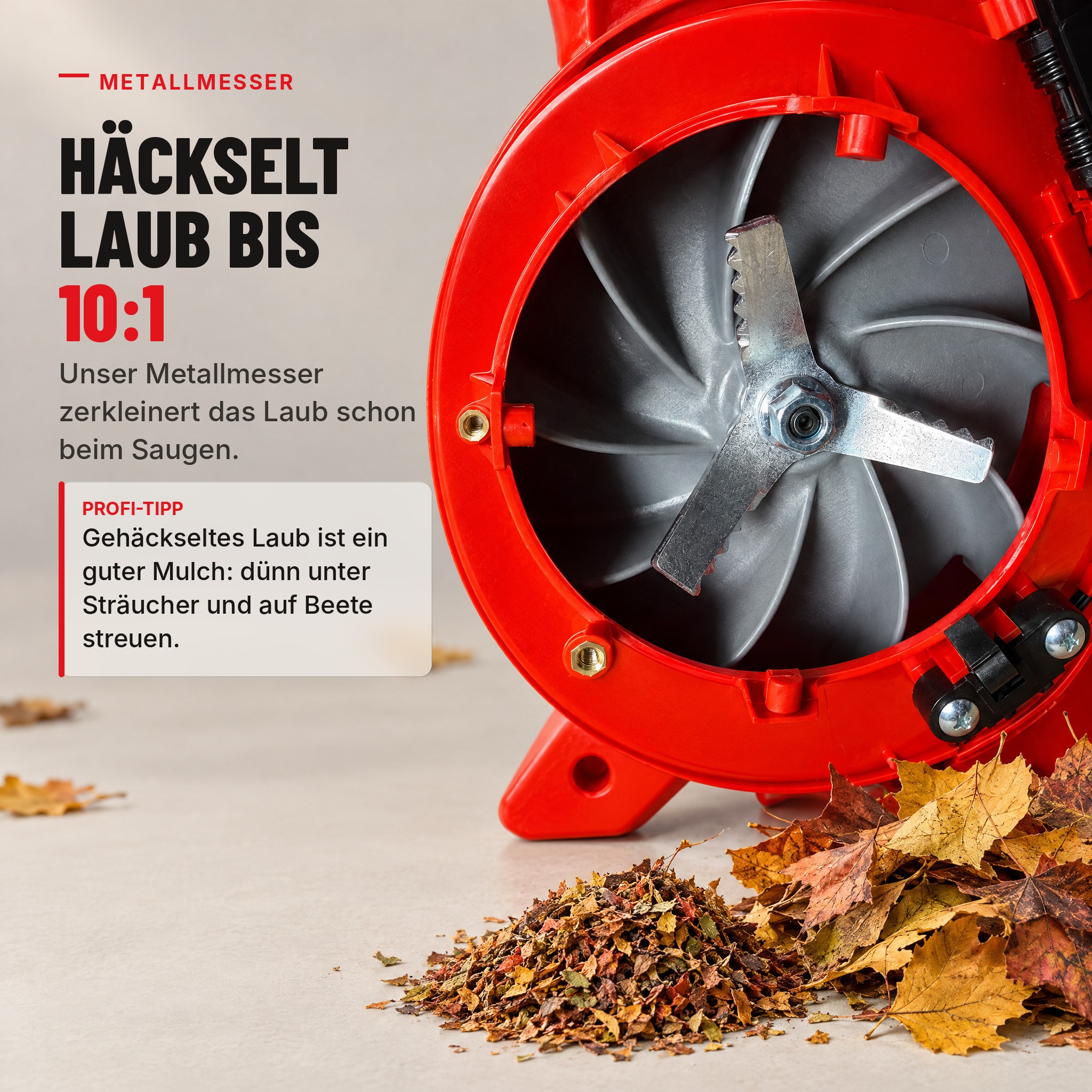 Metallmesser im ONBEST LV850 häckselt Laub beim Saugen im Verhältnis bis 10:1 (Dieses Bild wurde mit Hilfe von KI generiert.)