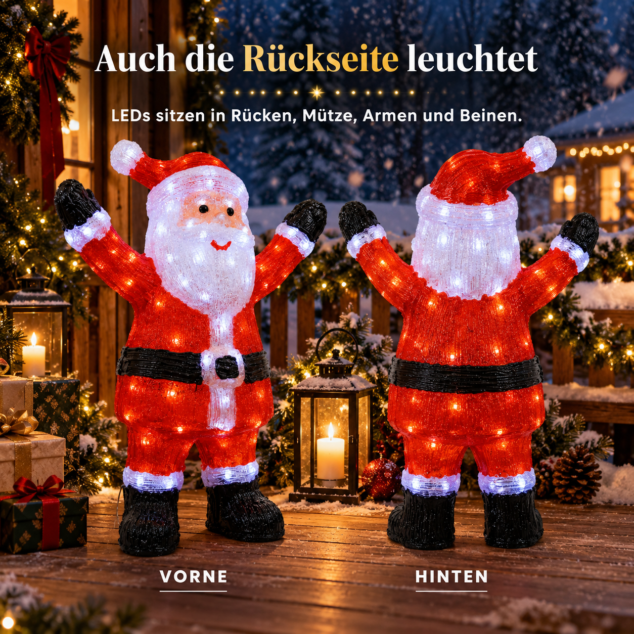 Weihnachtsdeko Santa: Strahlende LEDs beleuchten Vorder- und Rückseite (Dieses Bild wurde mit Hilfe von KI generiert.)