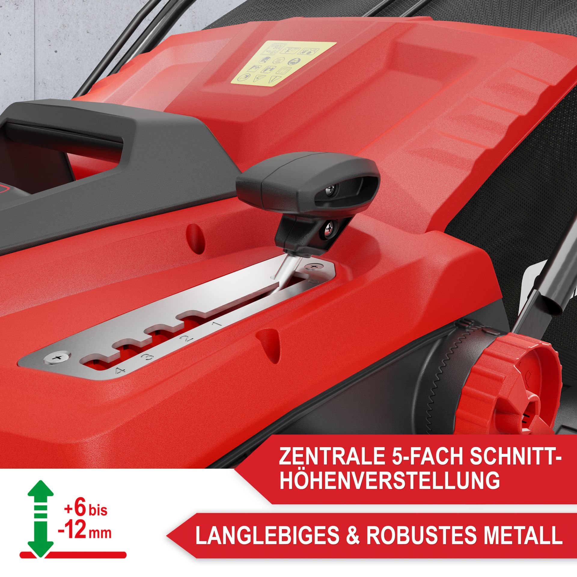 Vertikutierer Elektro S1838 - Zentrale 5fache Schnitthöhenverstellung, langlebiges und robuster Metall