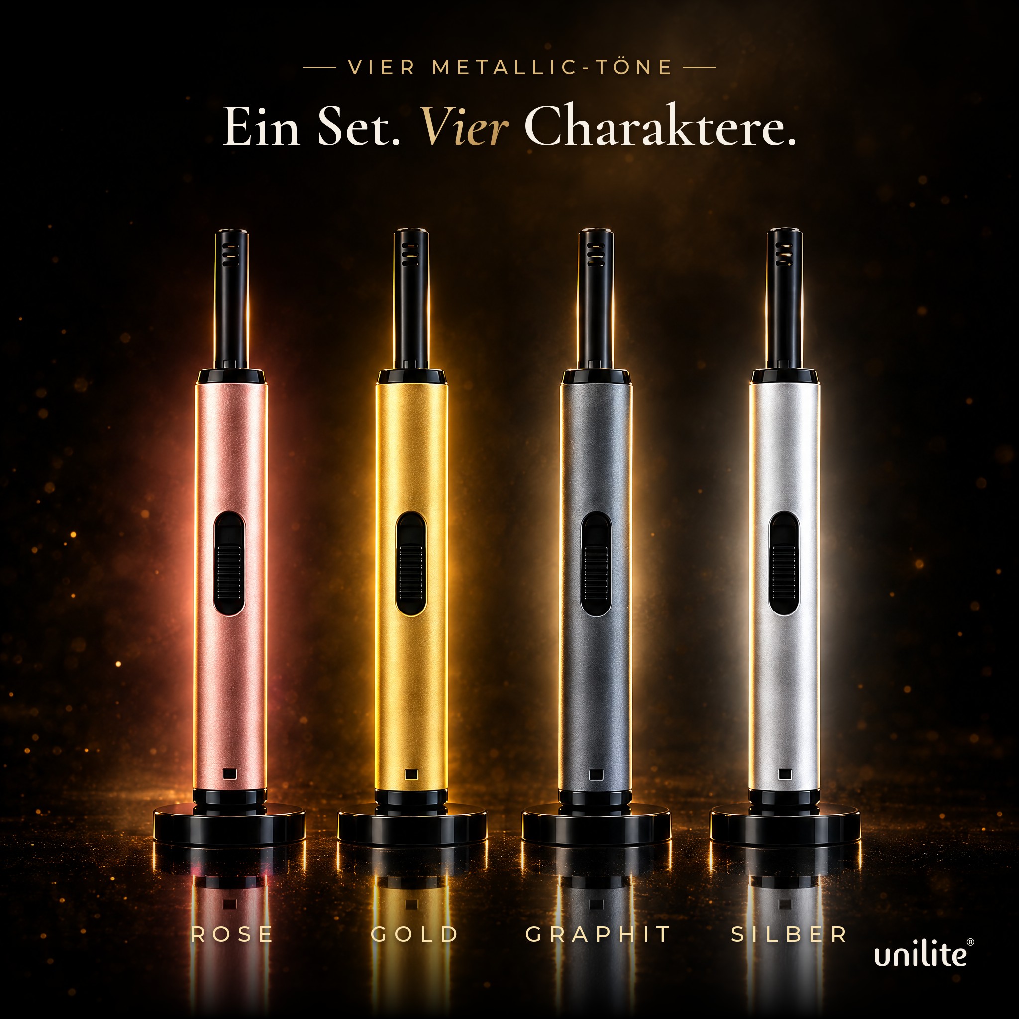 Stabfeuerzeuge Dubai: Vier Charaktere in Rosé, Gold, Graphit und Silber (Dieses Bild wurde mit Hilfe von KI generiert.)