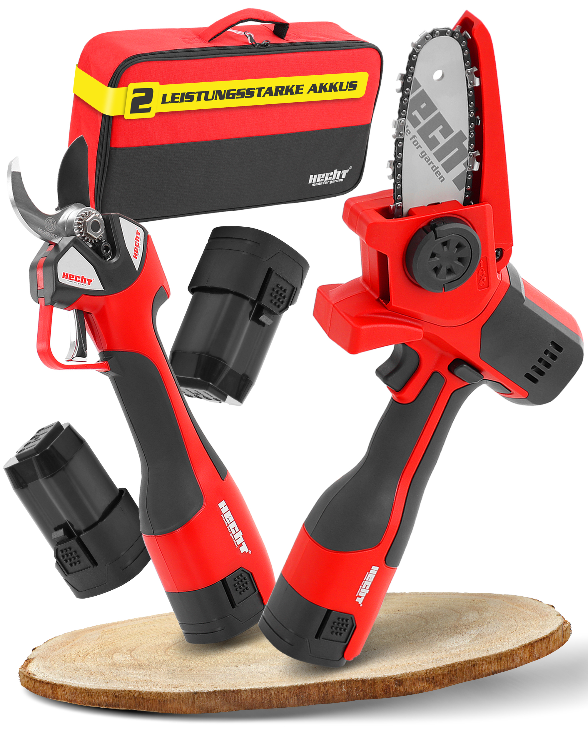 Baumpflege Set mit Akku-Schere und Mini-Kettensäge auf Holzplatte präsentiert