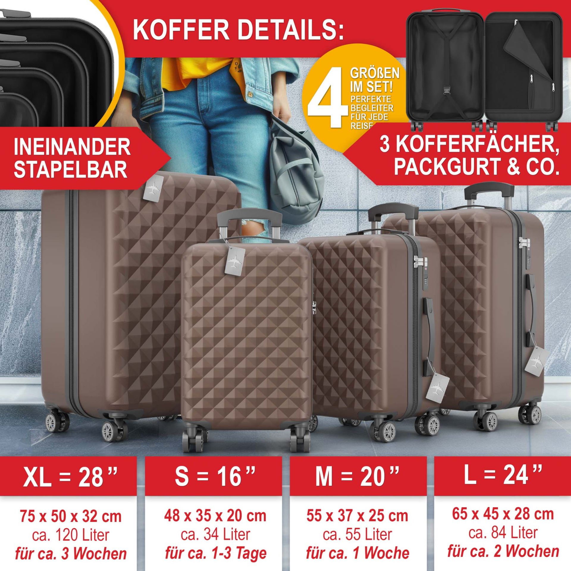 Hartschalenkofferset Coffee - Ineinander Stapelbar, 3 Kofferfächer; Packgurt und weiteres; Größe S, M, L, XL 