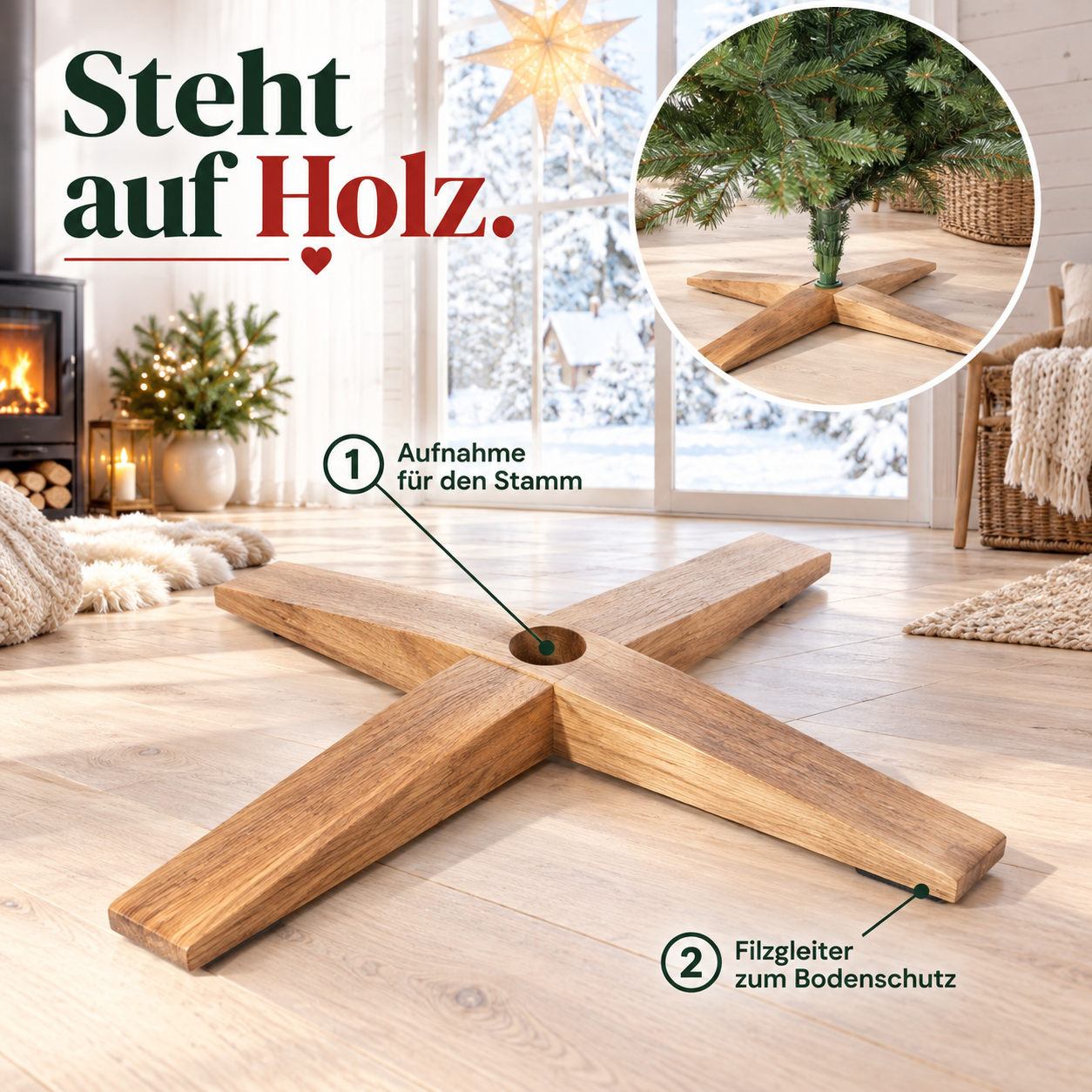 Holzständer für den ONBEST Weihnachtsbaum: Stabiler Kreuzfuß mit Filzgleitern (Dieses Bild wurde mit Hilfe von KI generiert.)