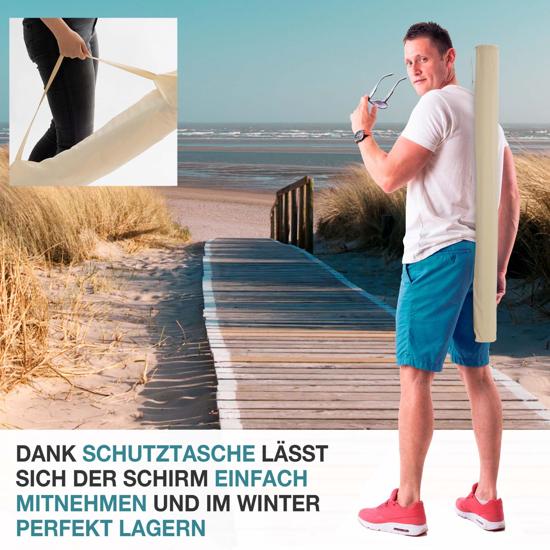 TOM Sonnenschirm SU-100 Beige; mit Schutztasche zum mitnehmen