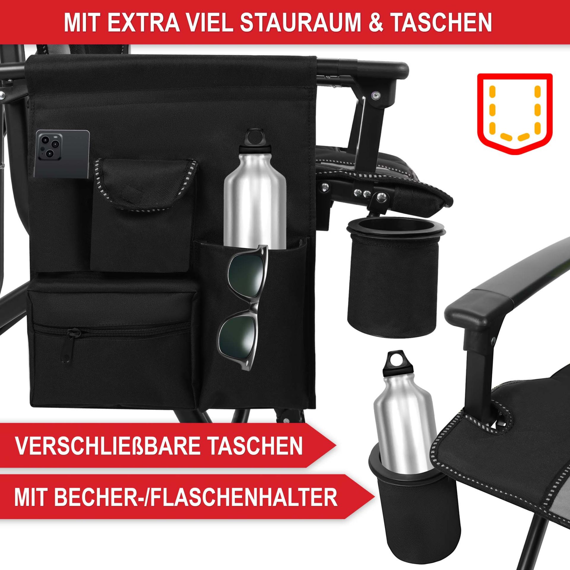 Campingstuhl schwarz/ grau - Mit extra viel Stauraum, verschließbare Taschen, mit Becher-/Flaschenhalter