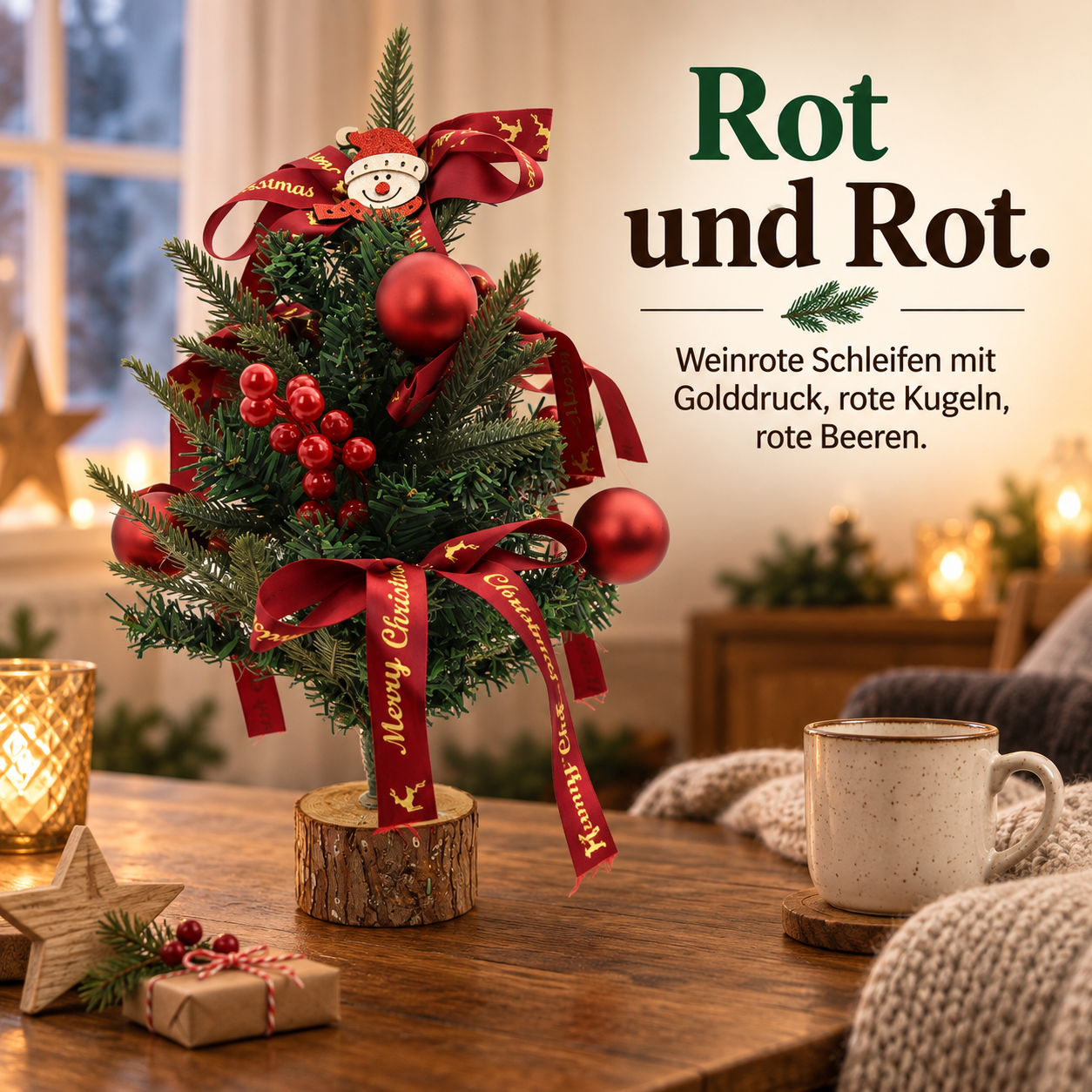 Roter Mini-Weihnachtsbaum ONBEST mit weinroten Schleifen und roten Kugeln (Dieses Bild wurde mit Hilfe von KI generiert.)