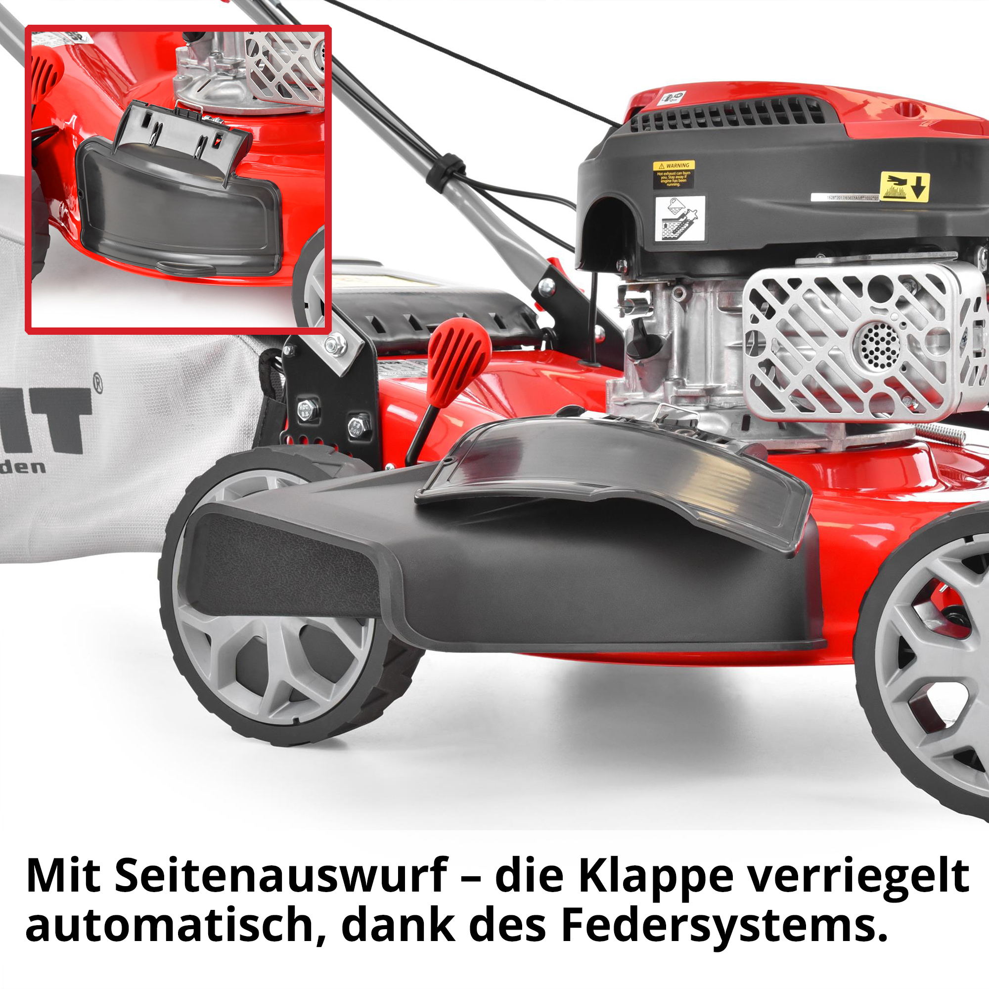 Hecht Benzinrasenmäher mit Seitenauswurf und selbst verriegelnde Klappe dank Federsystem 