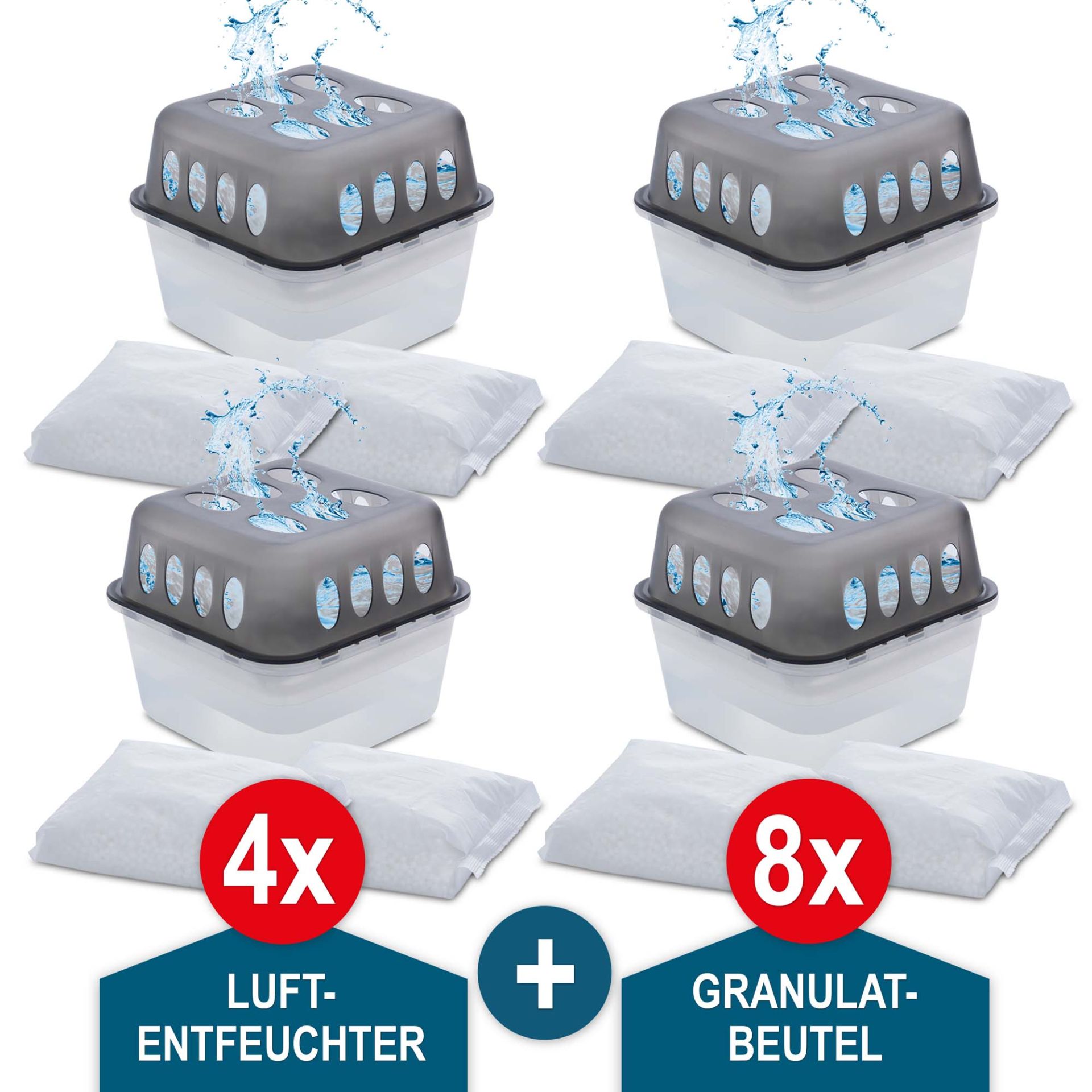 4 Luftentfeuchter und 8 Granulatbeutel