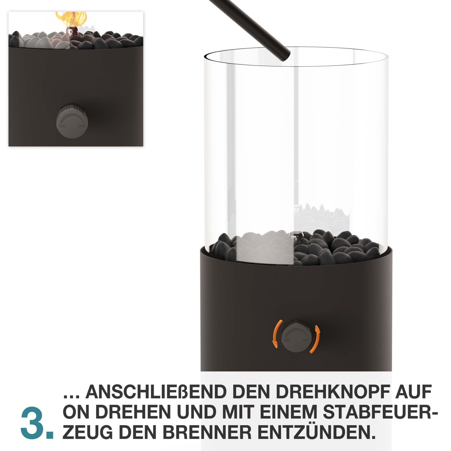 Zündung des Tischkamins mit Stabfeuerzeug und aufgedrehtem Regler