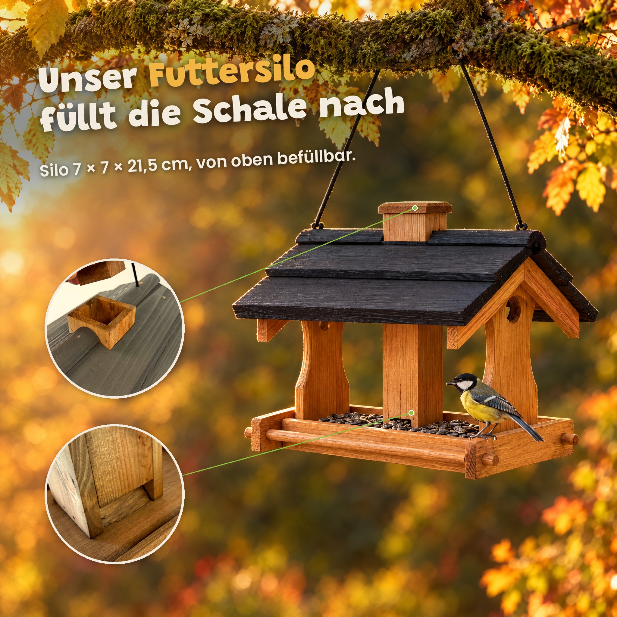 Vogelfutterhaus mit Silo: Praktischer Nachfüller von oben für mehr Vorrat (Dieses Bild wurde mit Hilfe von KI generiert.)