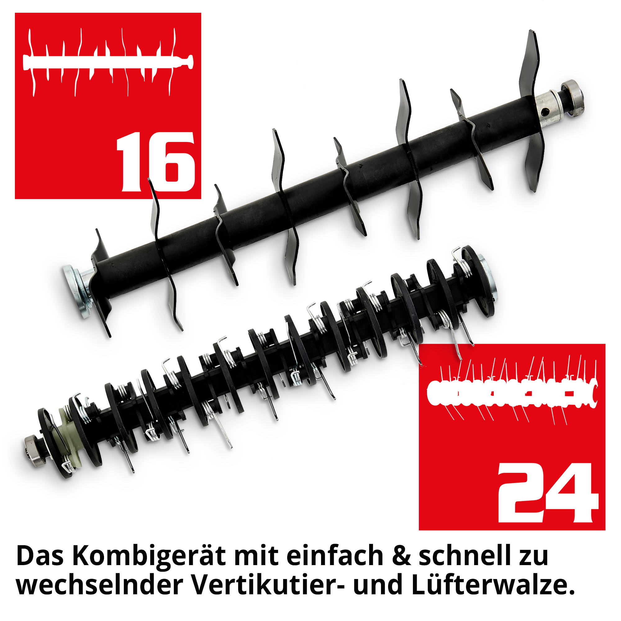 Vertikutierer; Das Kombigerät mit einfach und schnell zu wechselnder Vertikutier- und Lüfterwalze Vertikutierer; Das Kombigerät mit einfach und schnell zu wechselnder Vertikutier- und Lüfterwalze