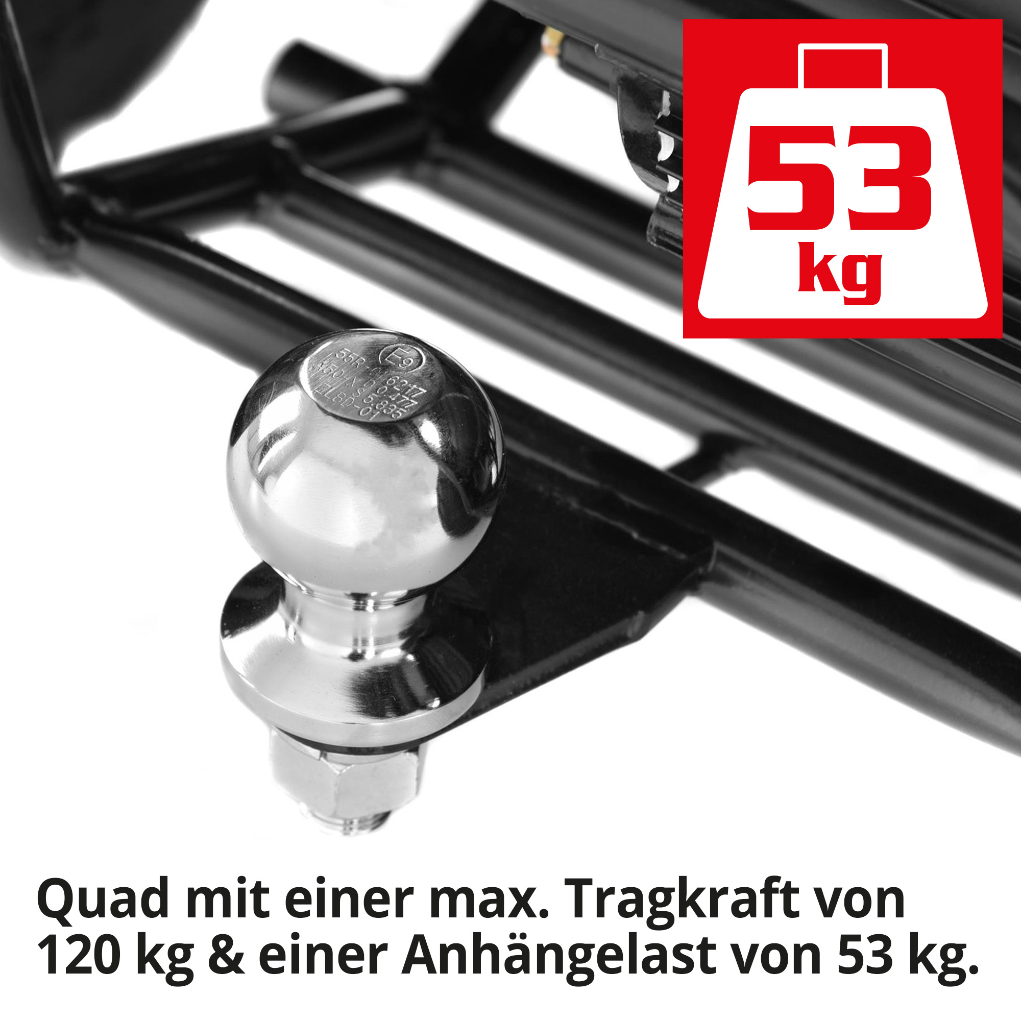 Elektro-Quad mit Anhängerkupplung für 53 kg Anhängelast und 120 kg Tragkraft