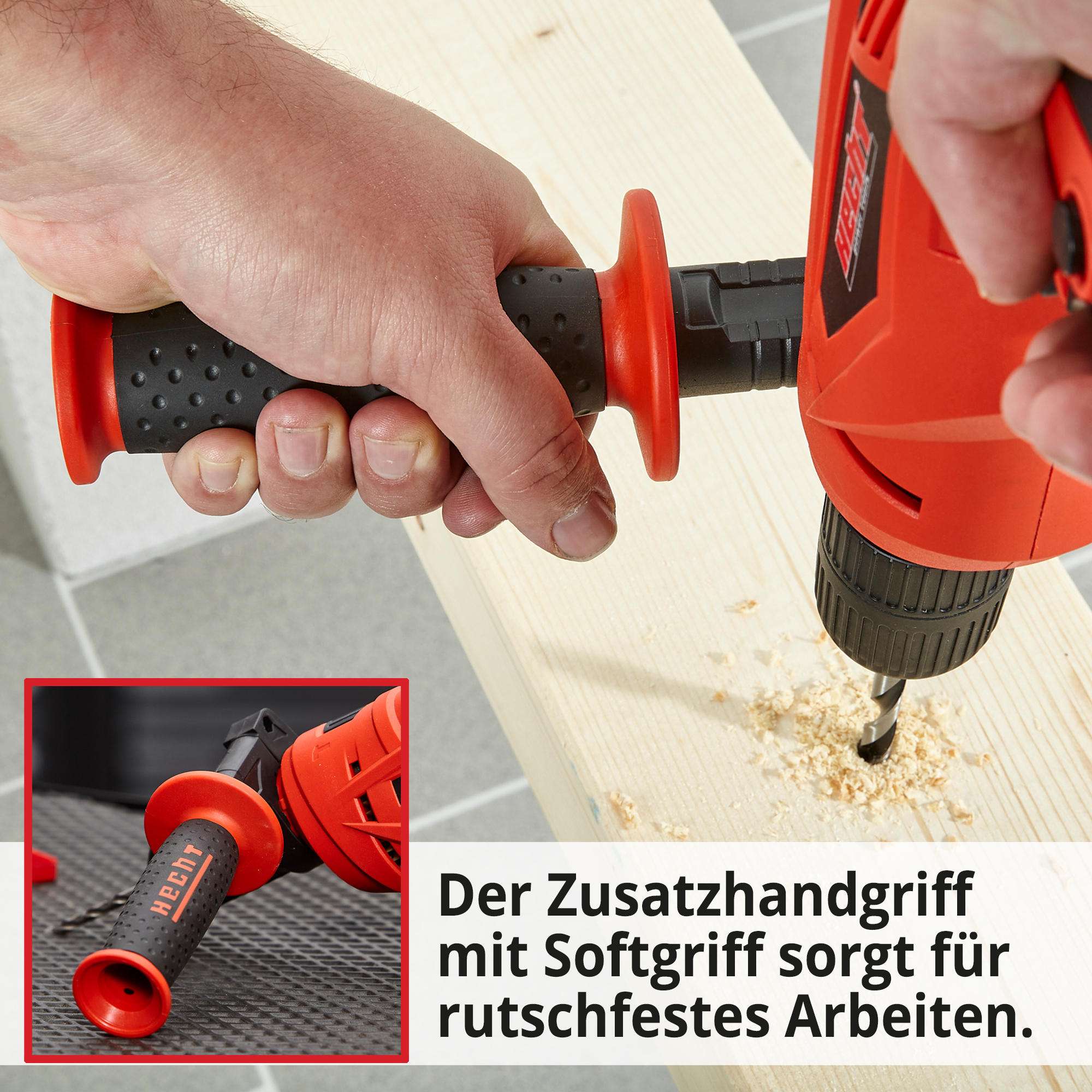 HECHT 1072 Schlag-Bohrmaschine; Der Zusatzhandgriff mit Softgriff sorgt für rutschfestes Arbeiten