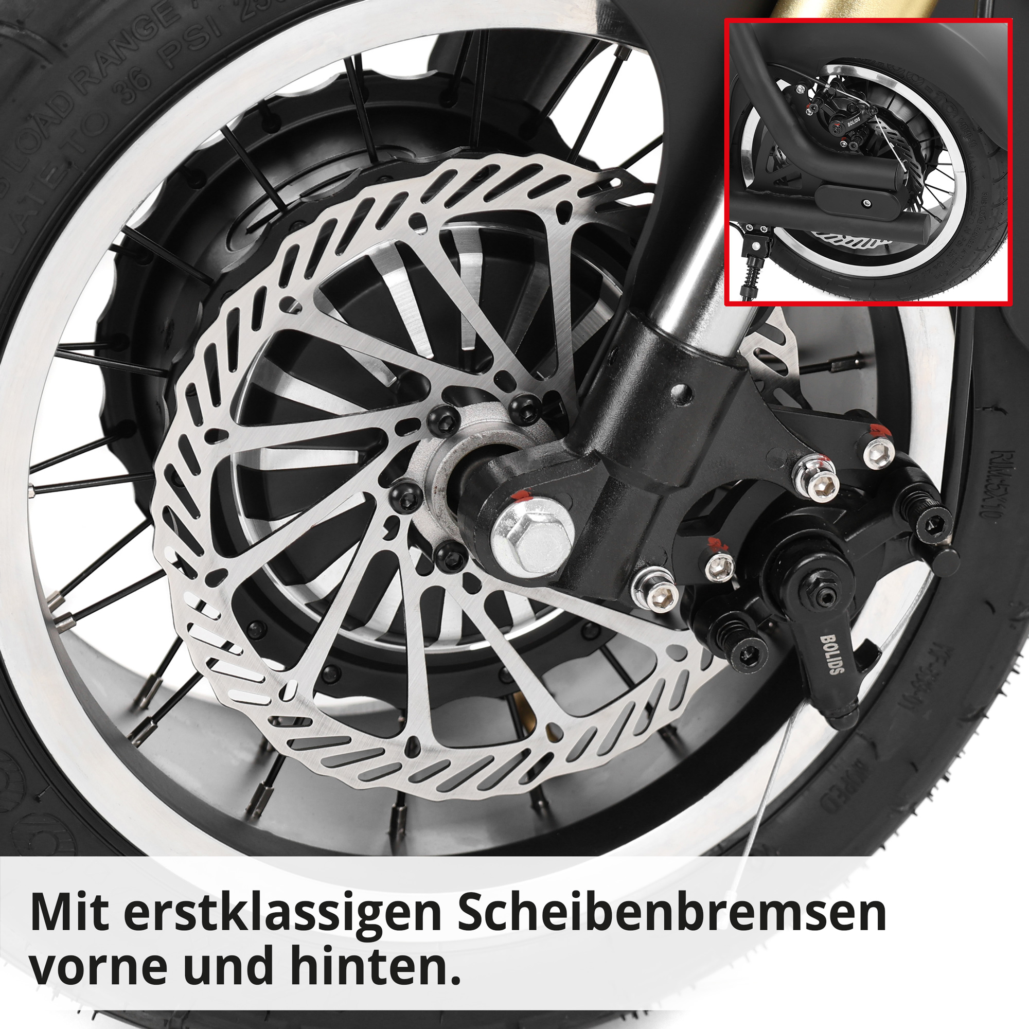 Hecht Breitreifen E-Scooter Cocis Mini Black mit erstklassigen Scheibenbremsen vorne und hinten