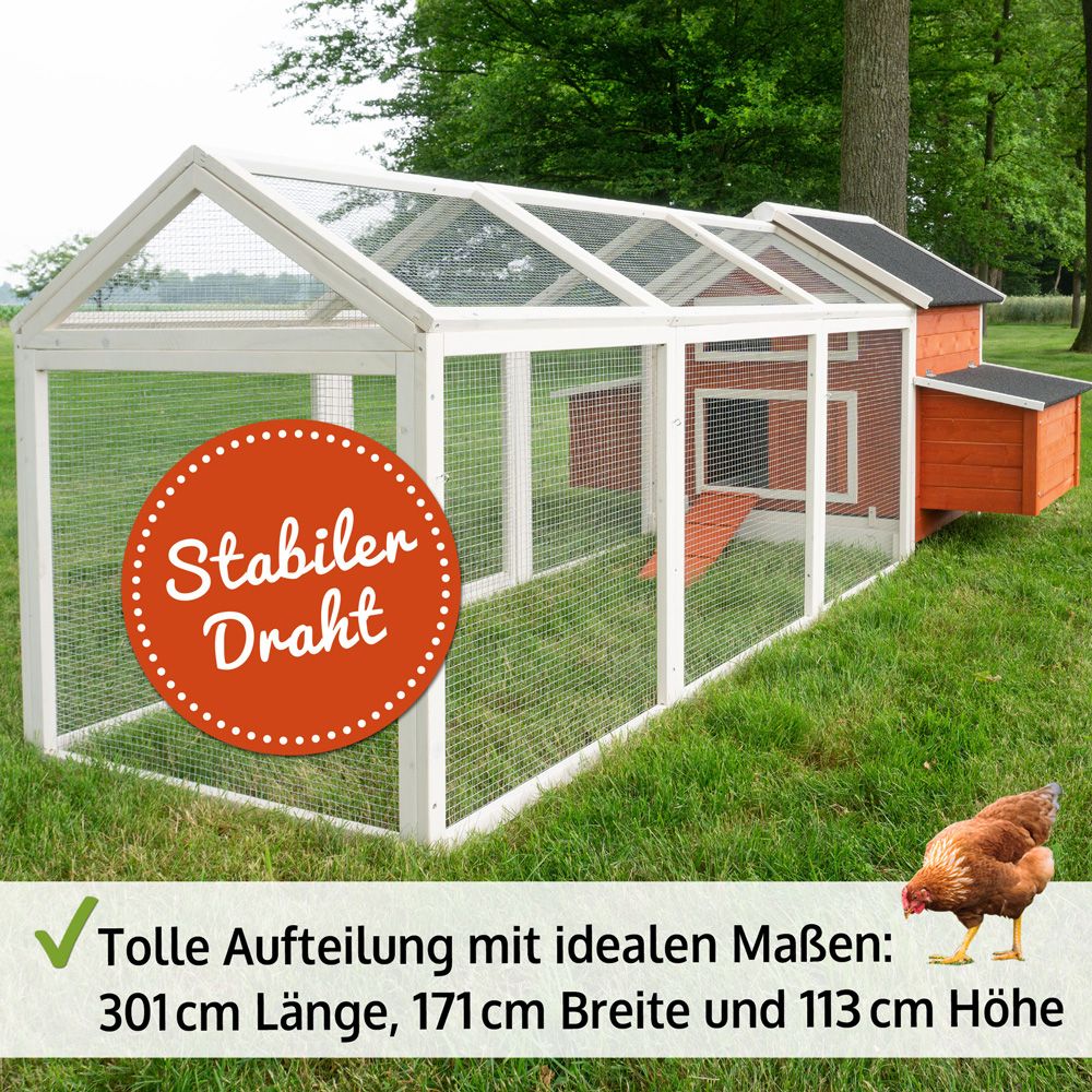 Hühnervoliere Betty Set Rot; Maße Auslauf: 301 x 171 x 113 Zentimeter