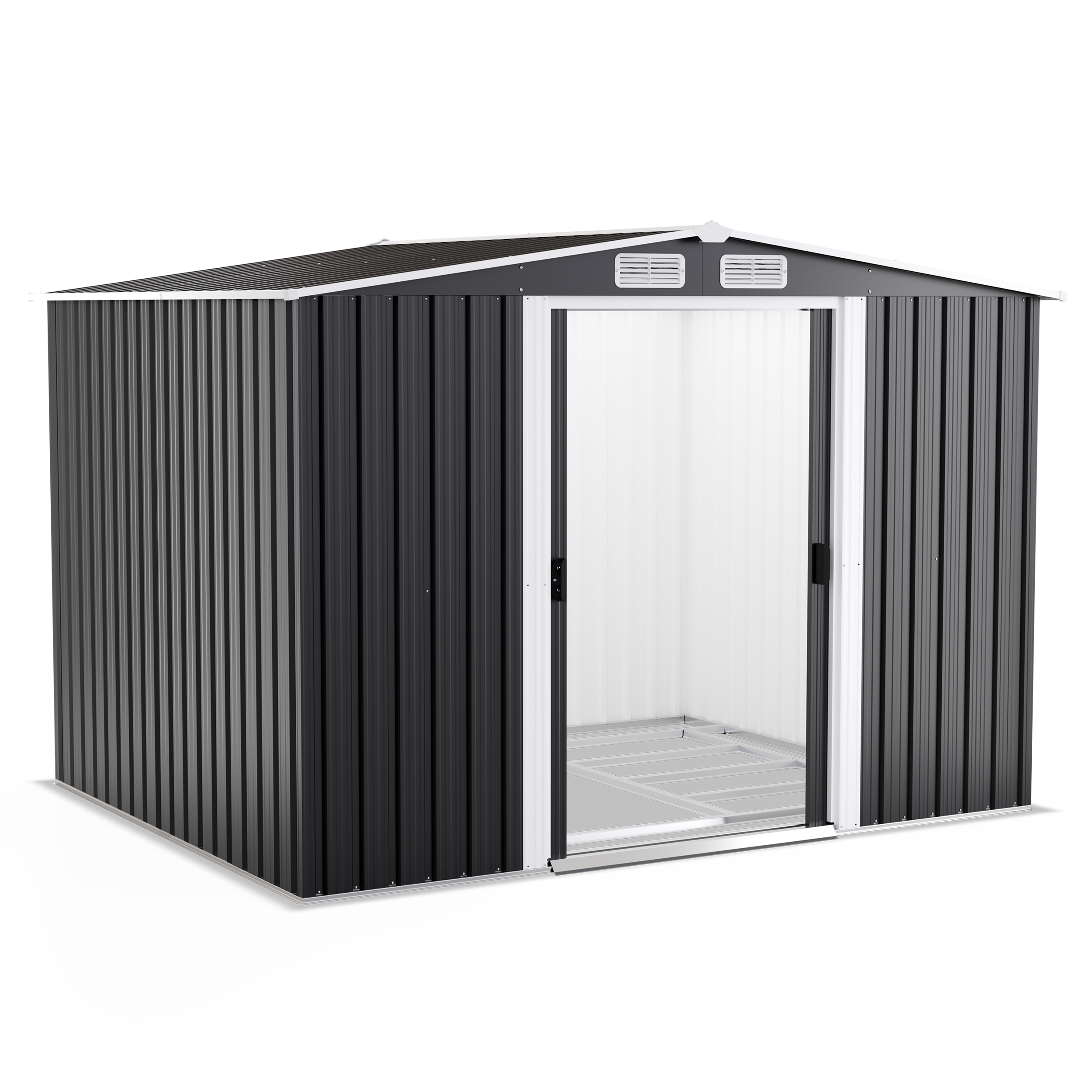 Gerätehaus mit offener Tür aus Stahlblech in Anthrazit