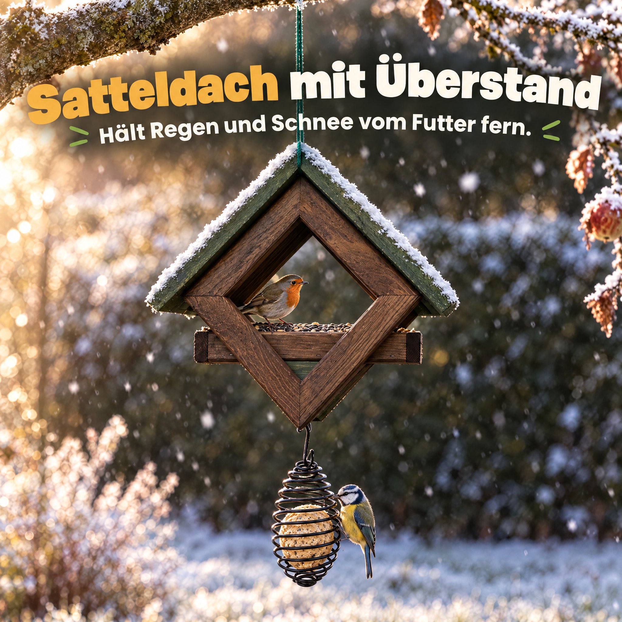 Birdy Bar Dach Braun-Grün: Schützt das Vogelfutter vor Regen und Schnee. (Dieses Bild wurde mit Hilfe von KI generiert.)