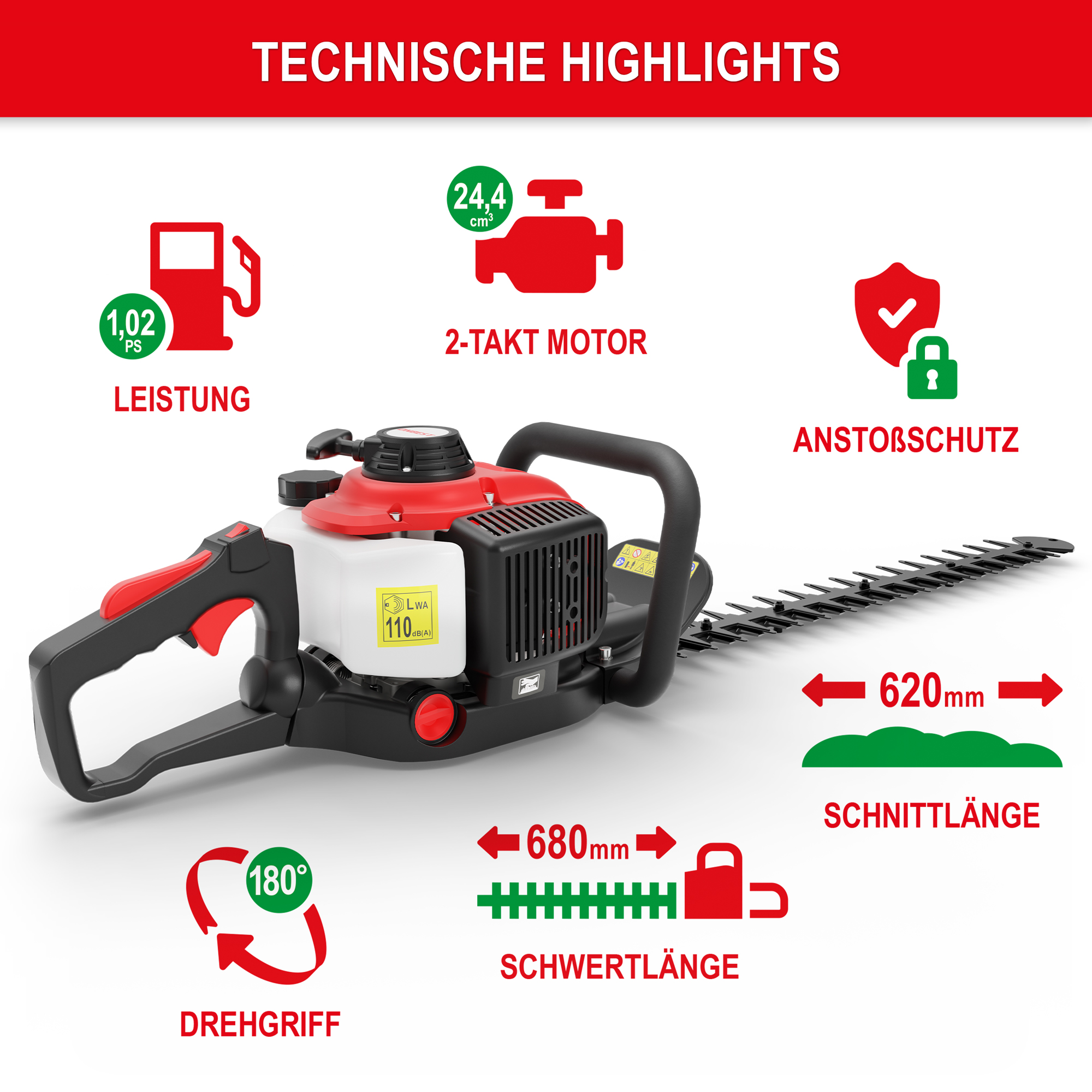 Benzin-Heckenschere ONBEST 680 mm beim exakten Schnitt an Mauerkante