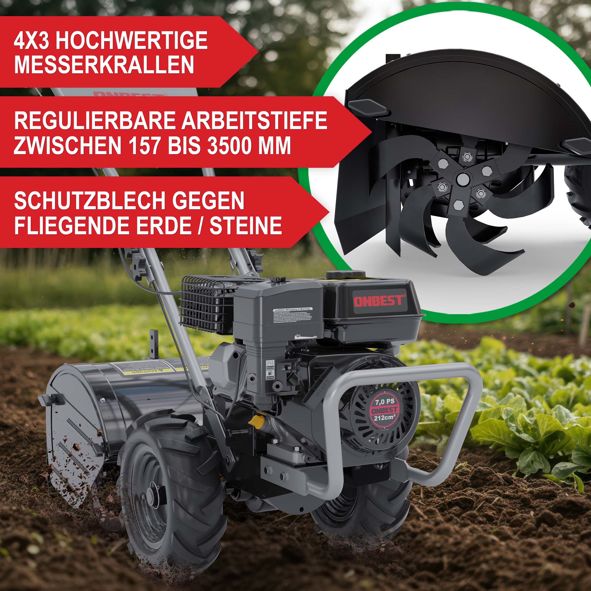 Gartenhacke Benzin mit hochwertigen Messerkrallen; regulierbare Arbeitstiefe; Schutzblech gegen fliegende Erde/ Steine