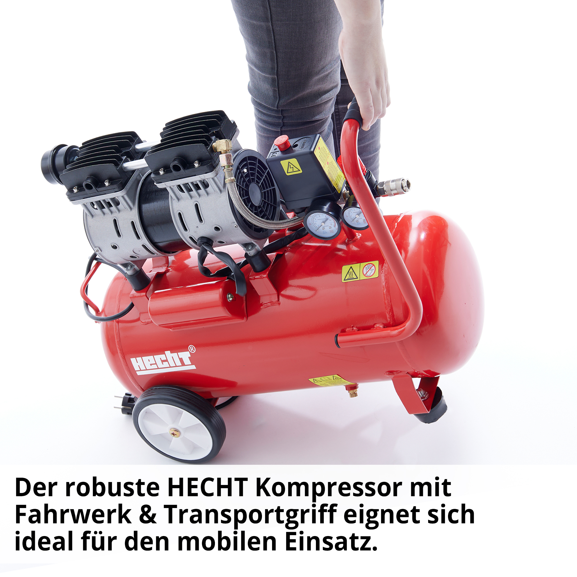 Flüster Kompressor; Ideal für den mobilen Einsatz dank Fahrwerk und Transportgriff