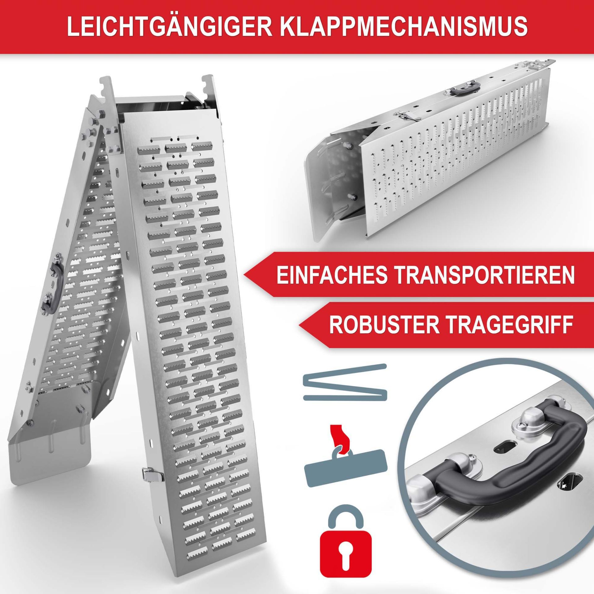 Auffahrrampen klappbar - leichtgängiger Klappmechanismus, einfaches transportieren, robuster Tragegriff