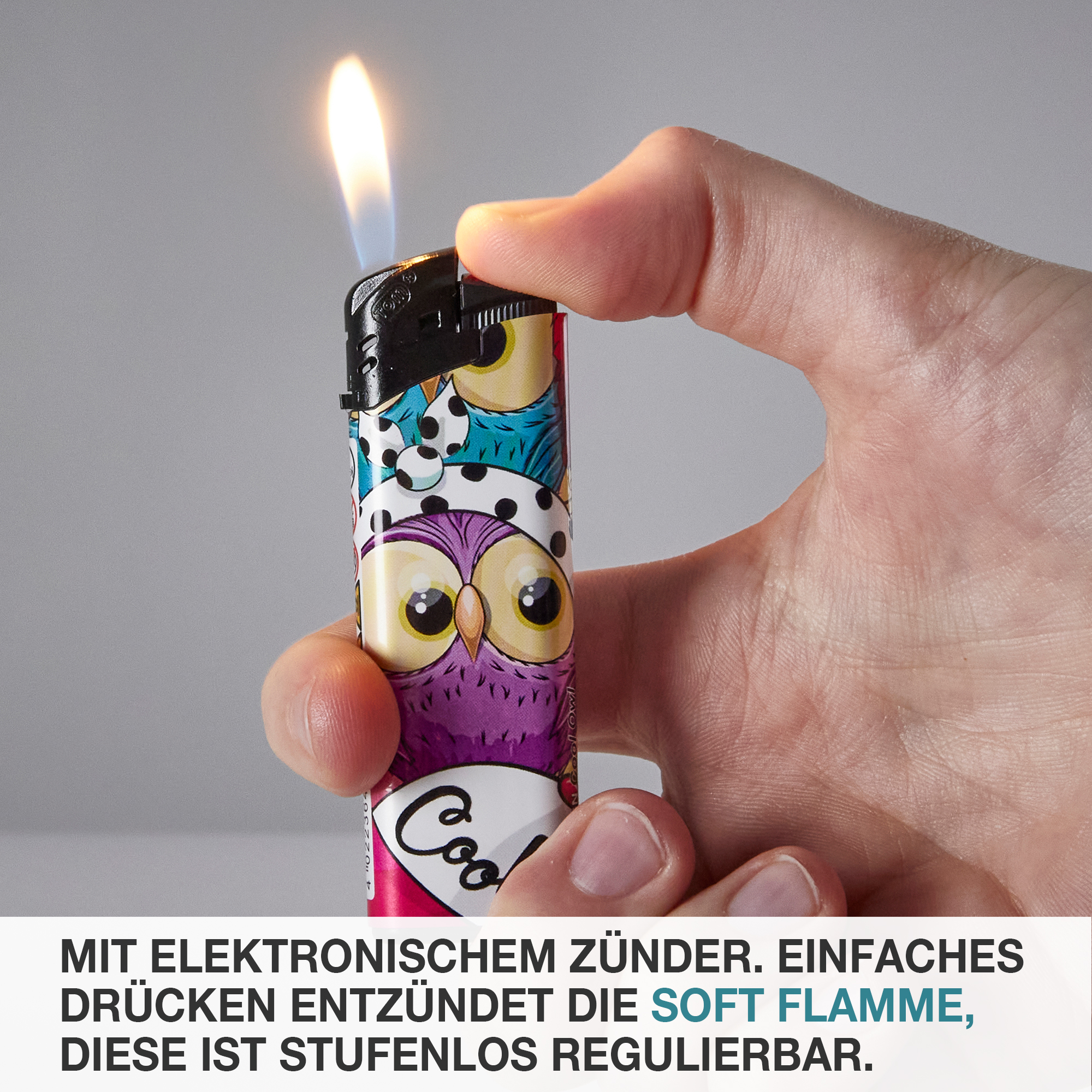 Cool Owl Feuerzeuge von TOM – 50 bunte Motivfeuerzeuge im Display