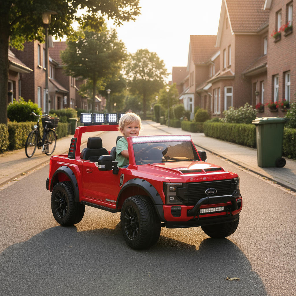 Akku Kinderauto HECHT Ford F450 RED mit 4 × 35 W Motoren und 12 V Akku