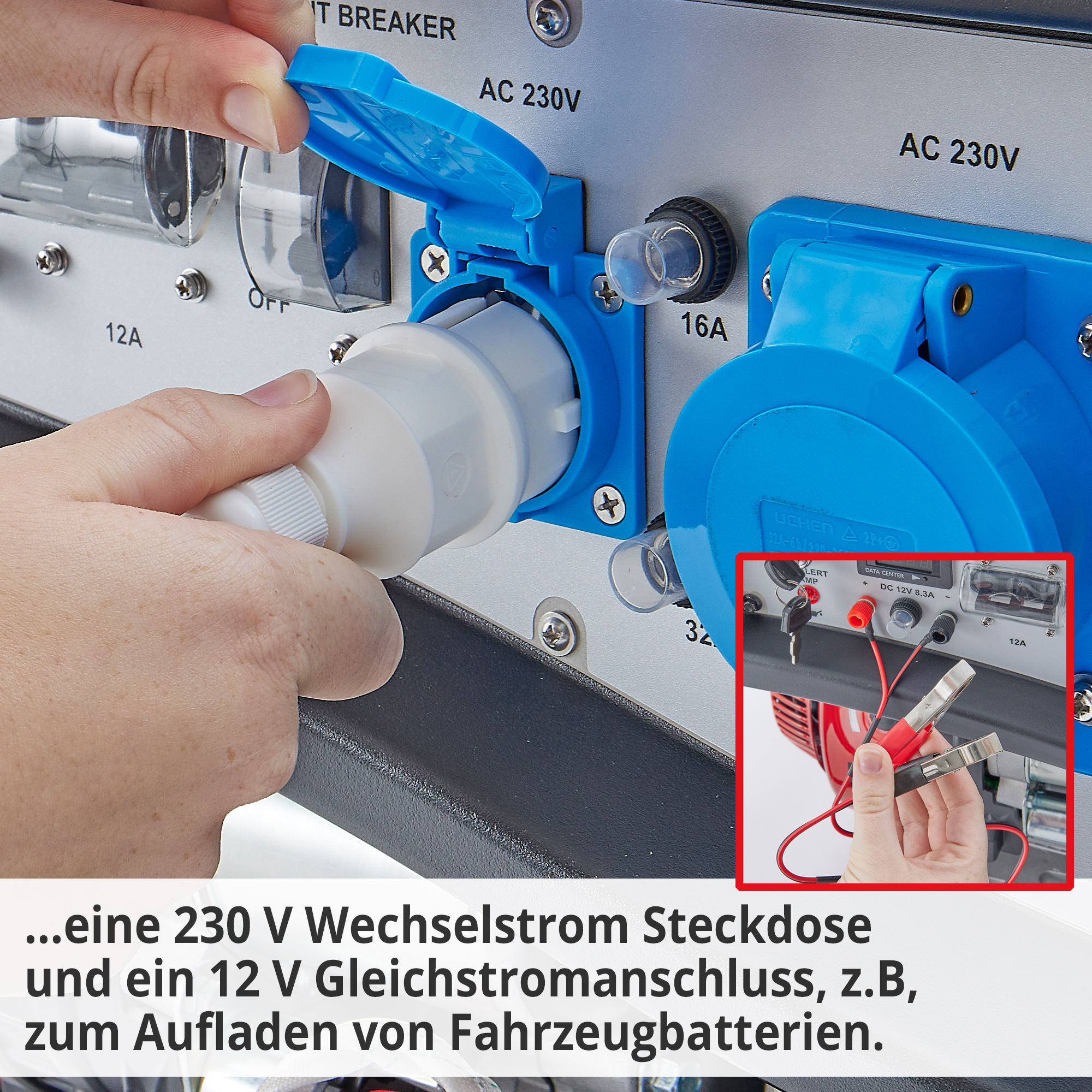 Hecht GG 11000 Notstromaggregat Benzin mit 230 Volt Wechselstrom Steckdose und eine 12 Volt Gleichstromanschluss zum Beispiel zum Aufladen von Fahrzeugbatterien
