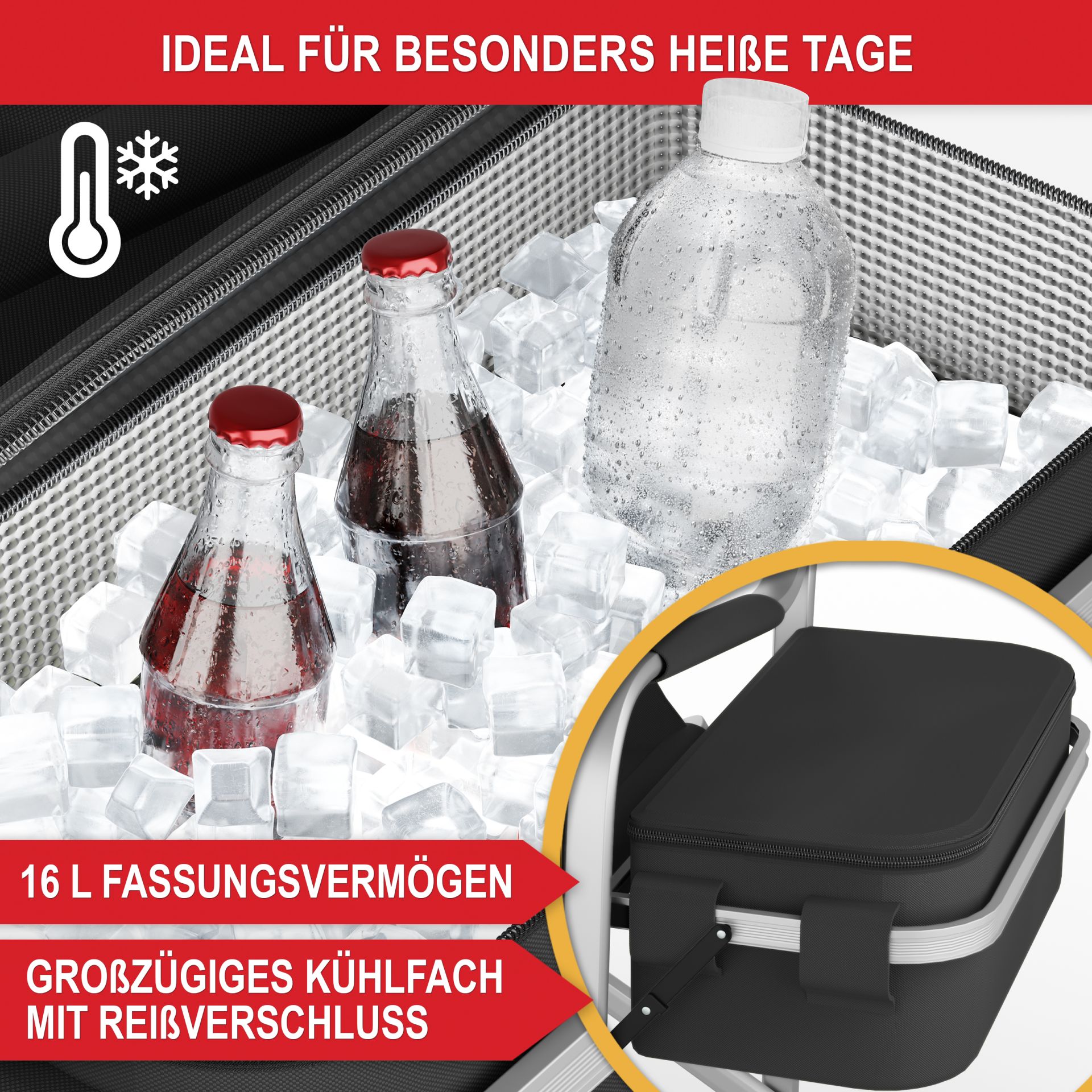 Campingstuhl mit Kühltasche schwarz - Ideal für besonders heiße Tage, großes Fassungsvermögen, großzügiges Kühlfach mit Reißverschluss
