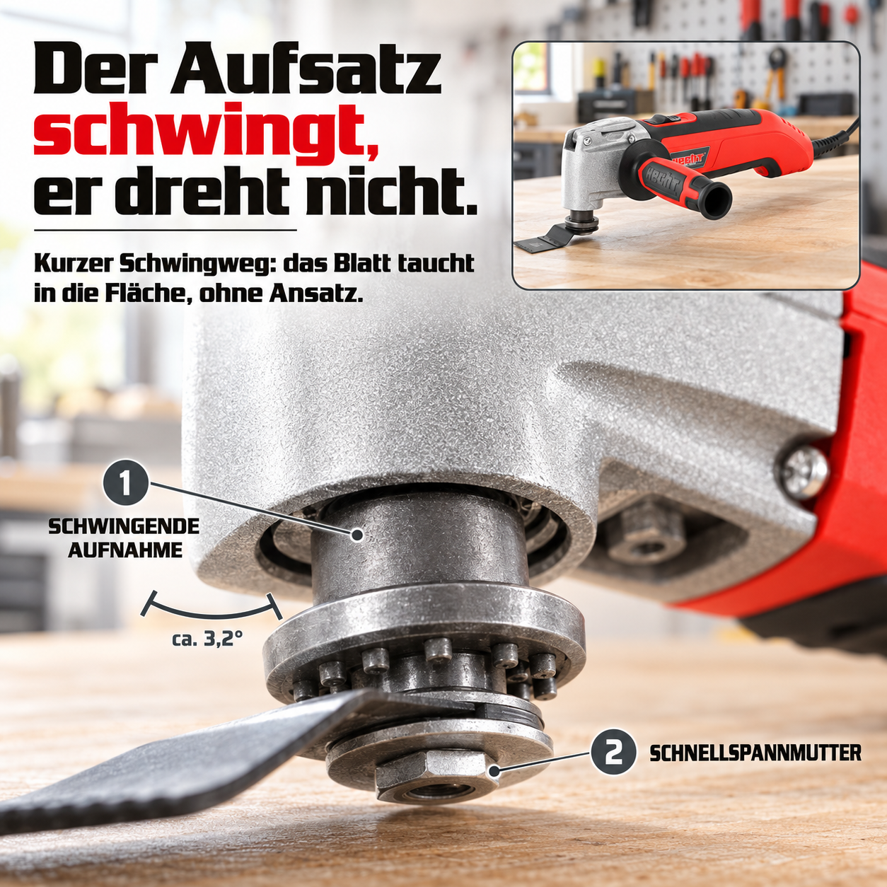 Multifunktionssäge Technik: Kurzer Schwingweg für randnahes Tauchsägen (Dieses Bild wurde mit Hilfe von KI generiert.)