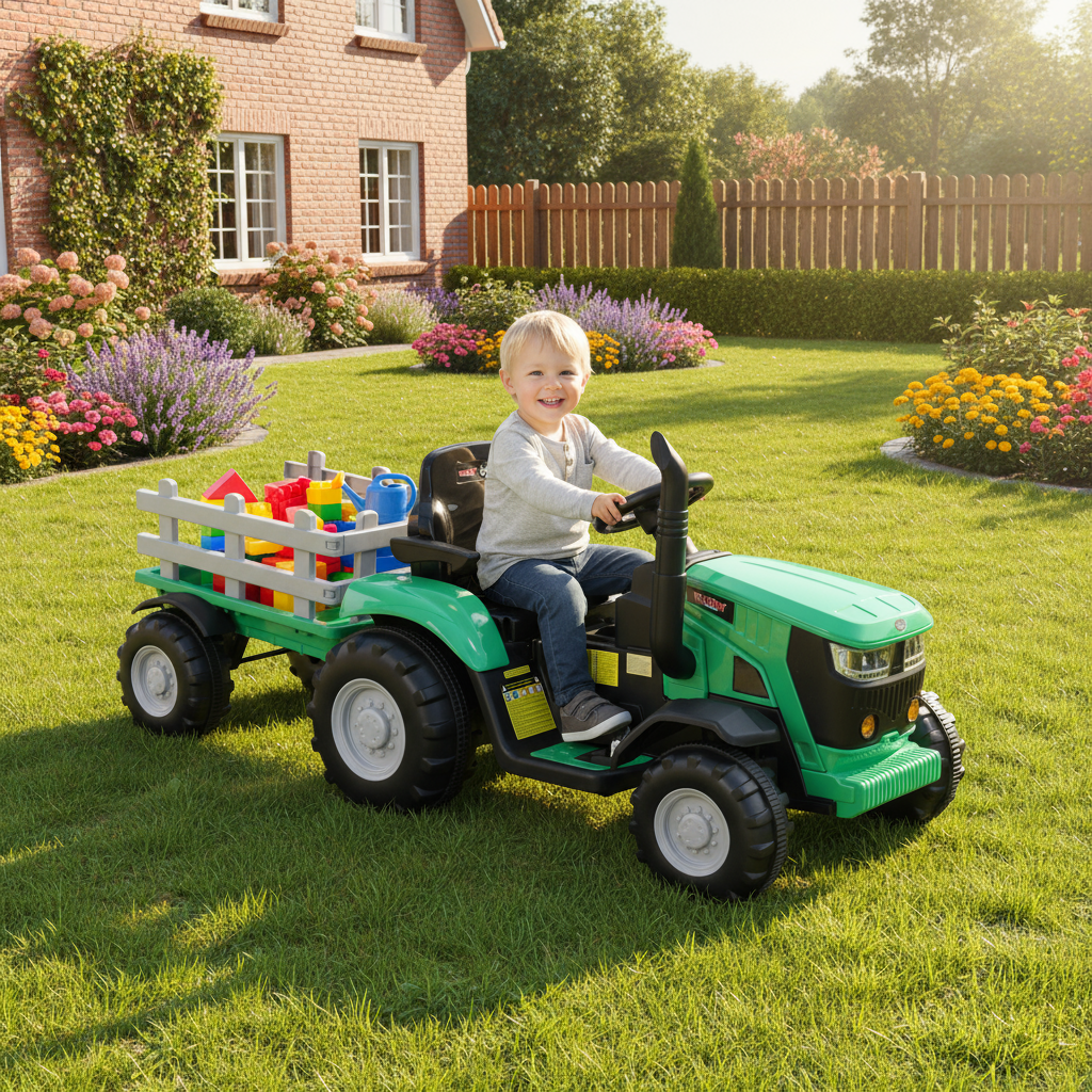Kindertraktor HECHT 50825 GREEN Elektro mit Anhänger im Garten mit Kind