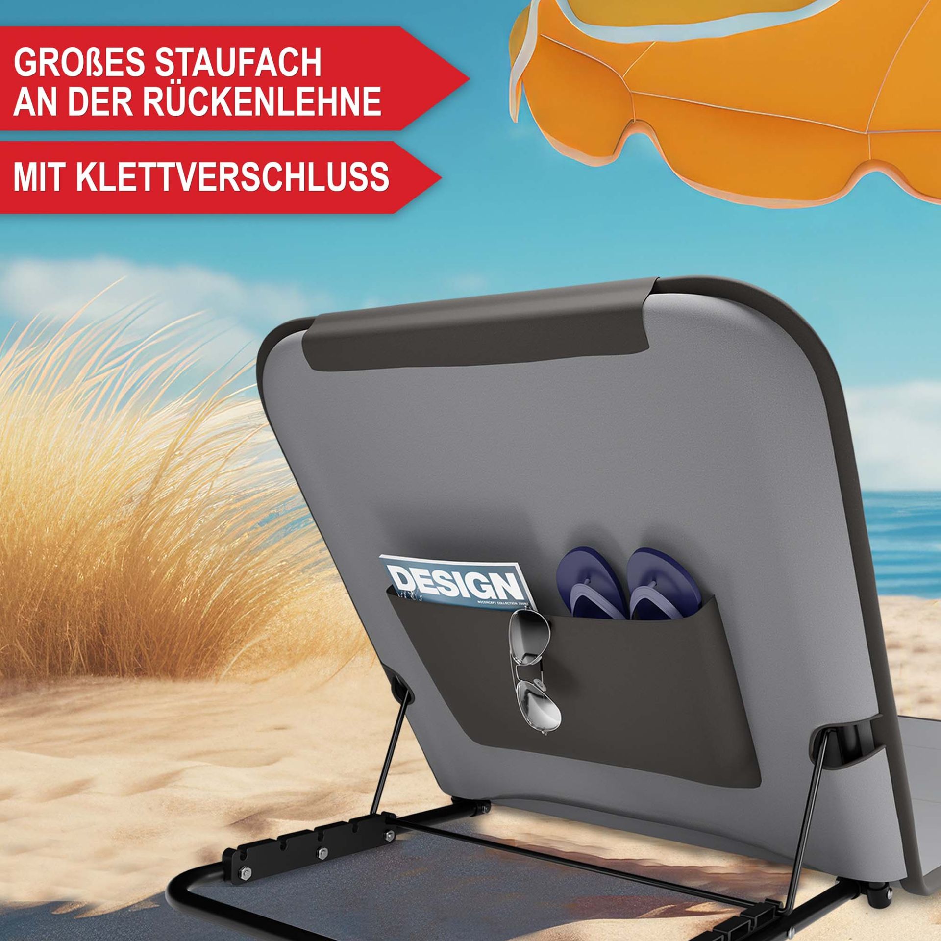 Strandliege grau - Großes Staufach an der Rückenlehne, mit Klettverschluss